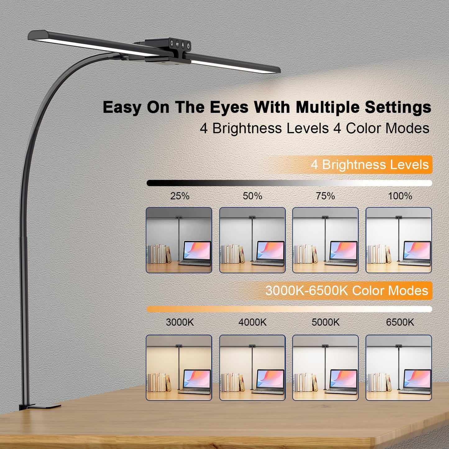 EppieBasic Desk Lamp,24W Led Desk Lamps with Clamp,Double Head Desk Light for Home Office, Architect Desktop Lamp Eye Care Workbench Office Table Light for Monitor Studio Reading