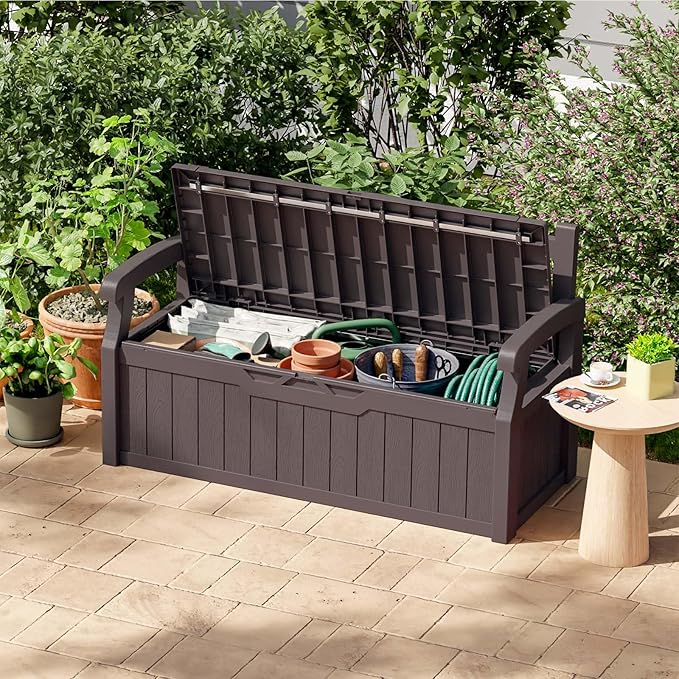 Patiowell 75 Gallon Plastic Storage Bench, Water-Resistant Deck Box for Patio Furniture, Garden Tools, Pool Storage and Outdoor Cushions, Brown
