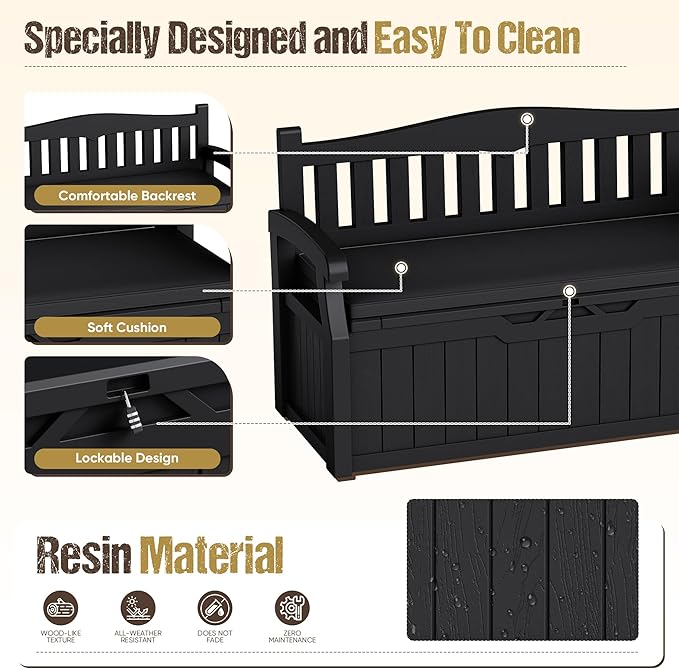80-Gallon Outdoor Storage Bench with Cushion, Lockable Waterproof Deck Box with Armrests for Patio, Garden, Pool, Black