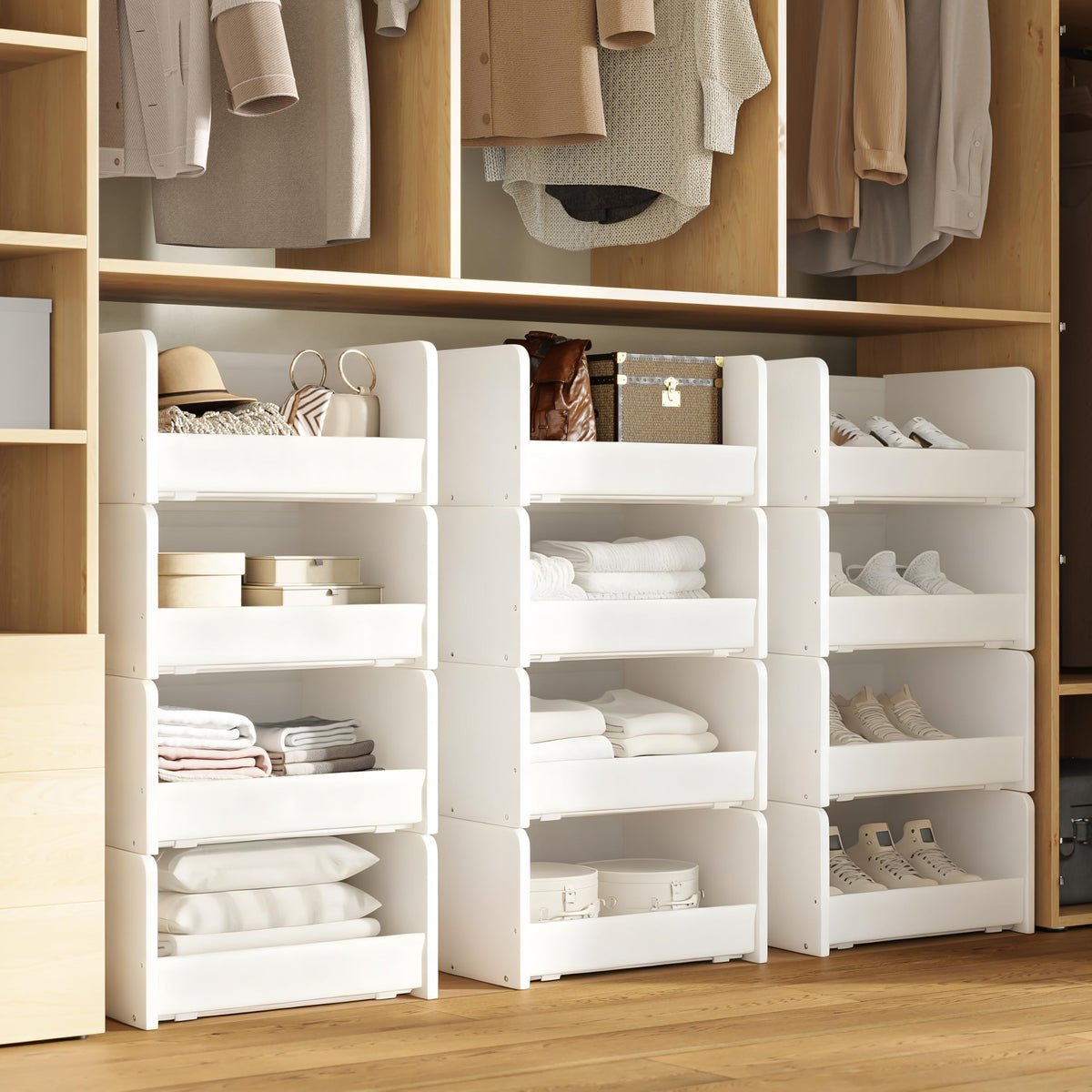 FOUCSSOMEI Closet Organizers and Storage, Stackable Closet Organizer, Wooden Frame with Polyester Fabric Shelves, Large Capacity Closet Shelf Organizer for Folded Clothes, White,Patent Design
