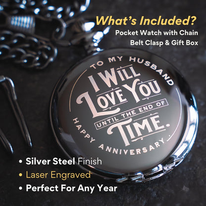 Red Dot Laser Engraving Anniversary Pocket Watch for Husband - Engraved Silver Stainless Steel - Meaningful Keepsake - Boxed and Ready to Give