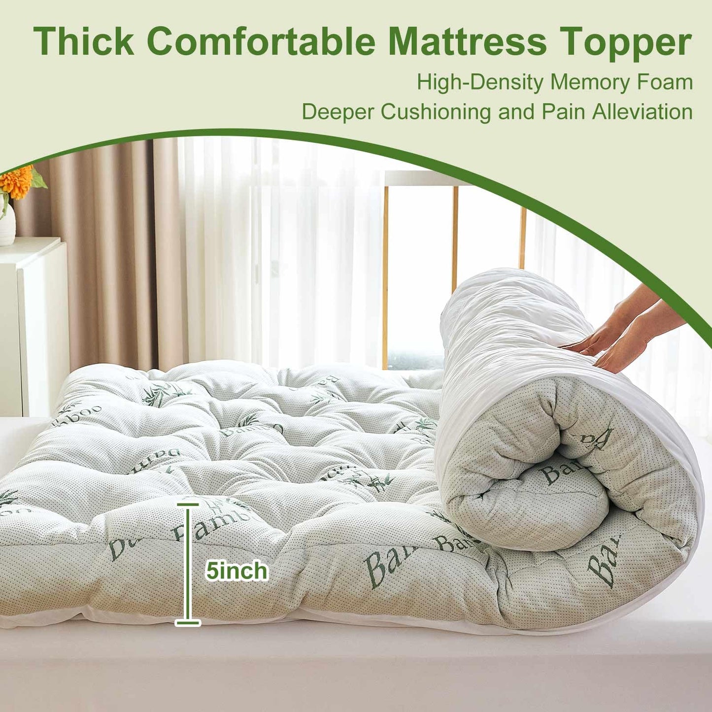 Whatsbedding Memory Foam Mattress Topper King Size, 5 Inches Slow Rebound Memory Foam Topper with Cooling Viscose Made from Bamboo Cover, Deep Pocket Designed Mattress Topper