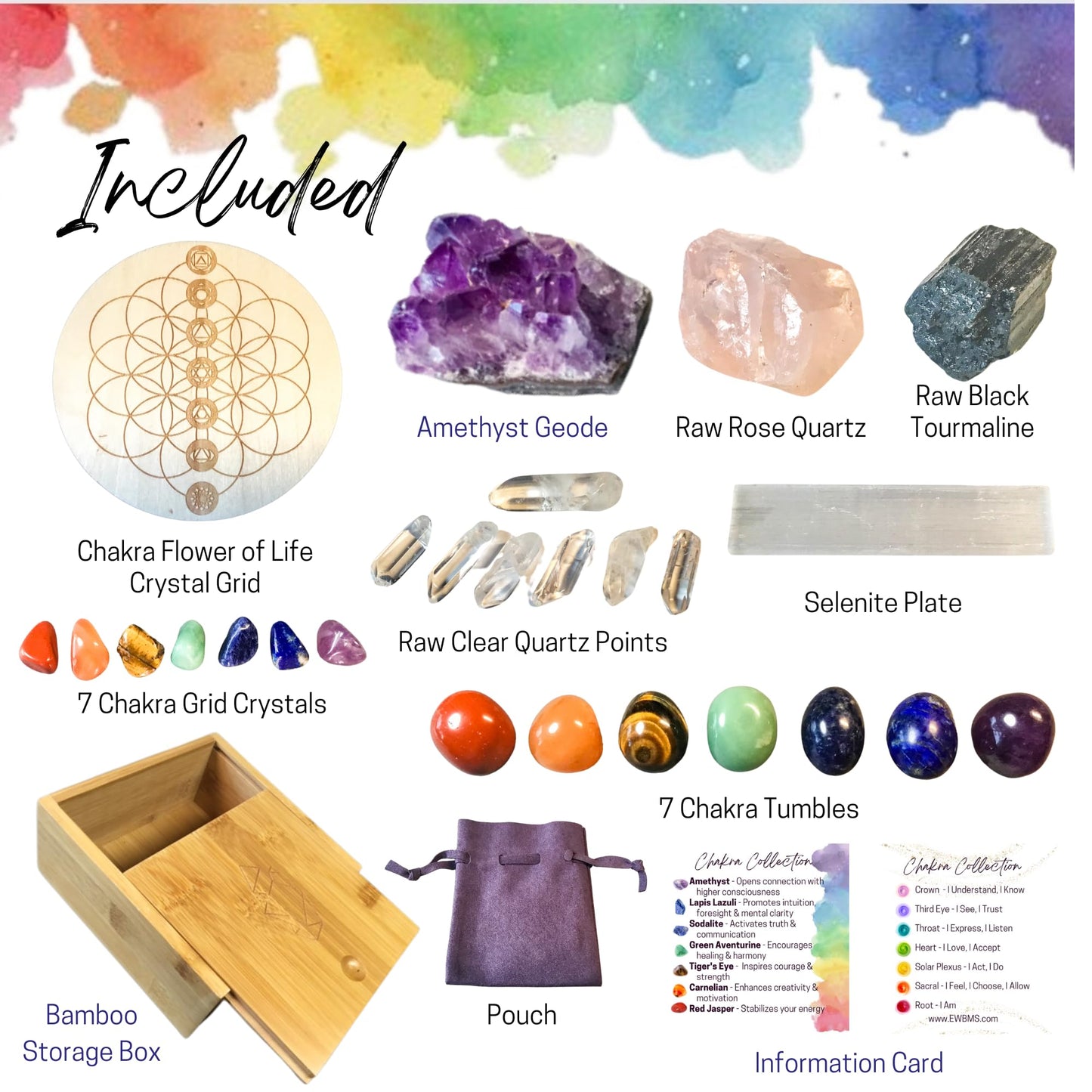 Obilea Gems - 28-Piece Chakra Crystal Healing Set with Bamboo Storage Box – Includes Chakra Tumbled Stones, Specimen Crystals, Raw Clear Quartz Points, Selenite Charging Plate, Storage Bag & Info Card