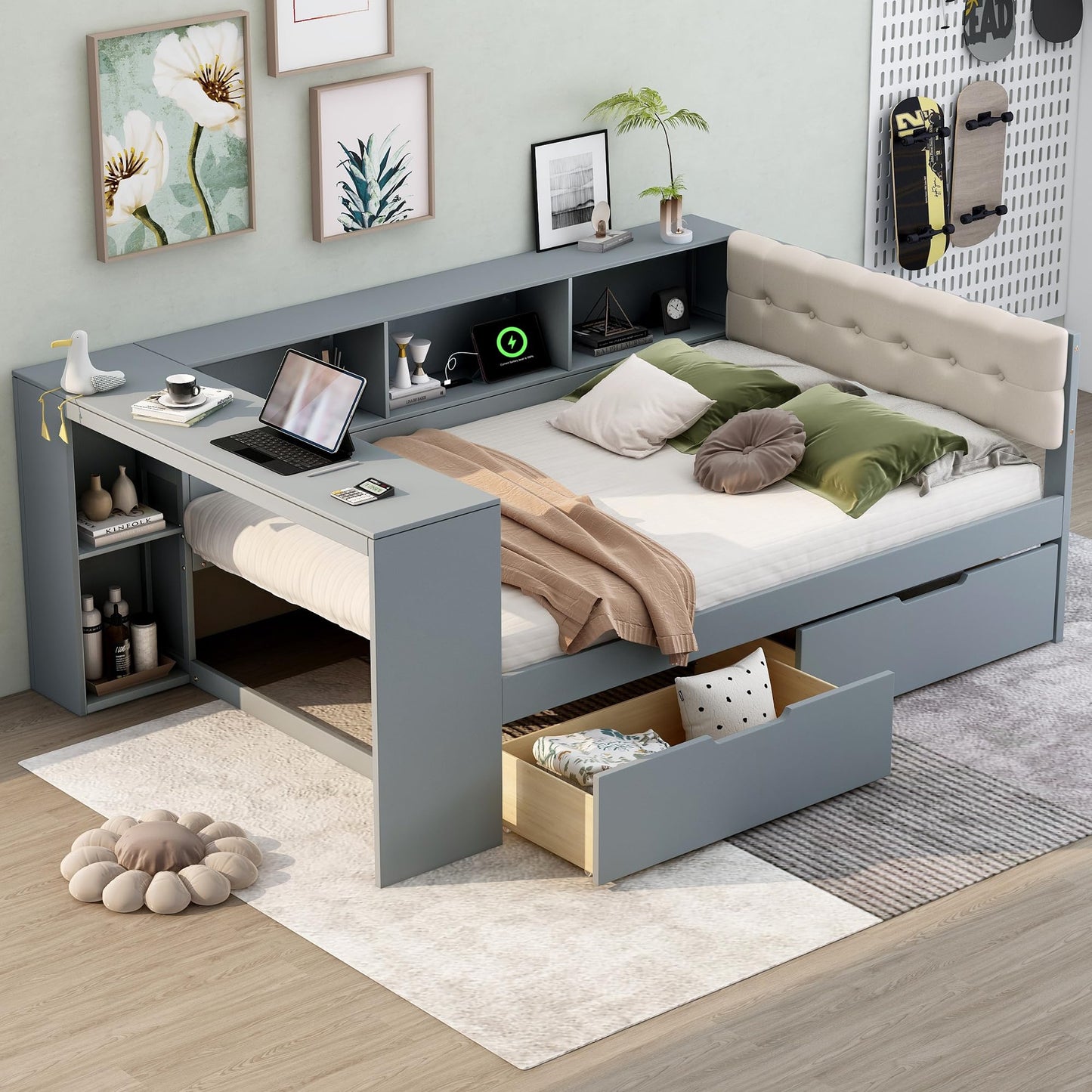 Merax Full Size Platform Bed with Storage Shelves,Drawers,Charging Station and Upholstered Headboard for Bedroom,