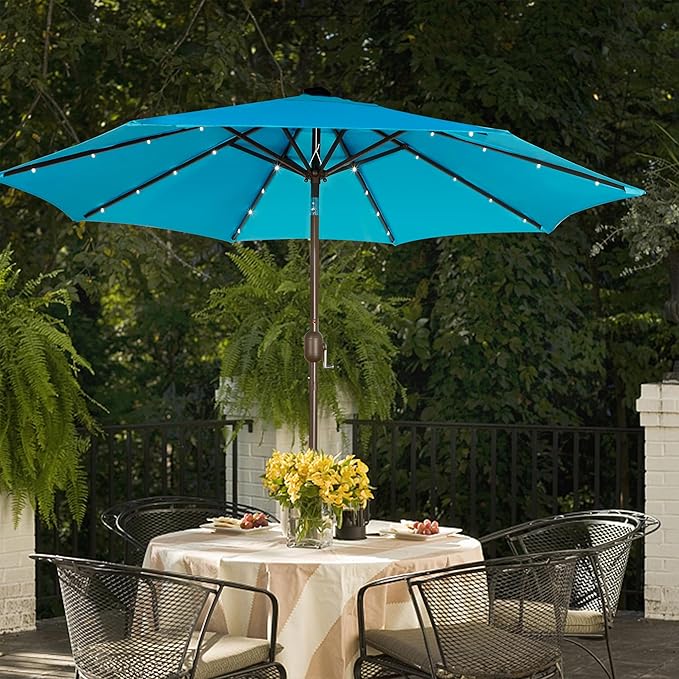 Blissun 9 ft Solar Umbrella, 32 LED Lighted Patio Umbrella, Table Market Umbrella, Outdoor Umbrella for Garden, Deck, Backyard, Pool and Beach (Light Blue)