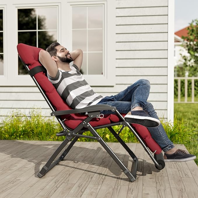 UDPATIO Oversized Zero Gravity Chair, 33In XXL Patio Reclining Chair with Cushion, Outdoor Folding Recliner with Pillows|Cup Holder|Foot Rest|Padded Headrest, Burgundy, Support 500LB