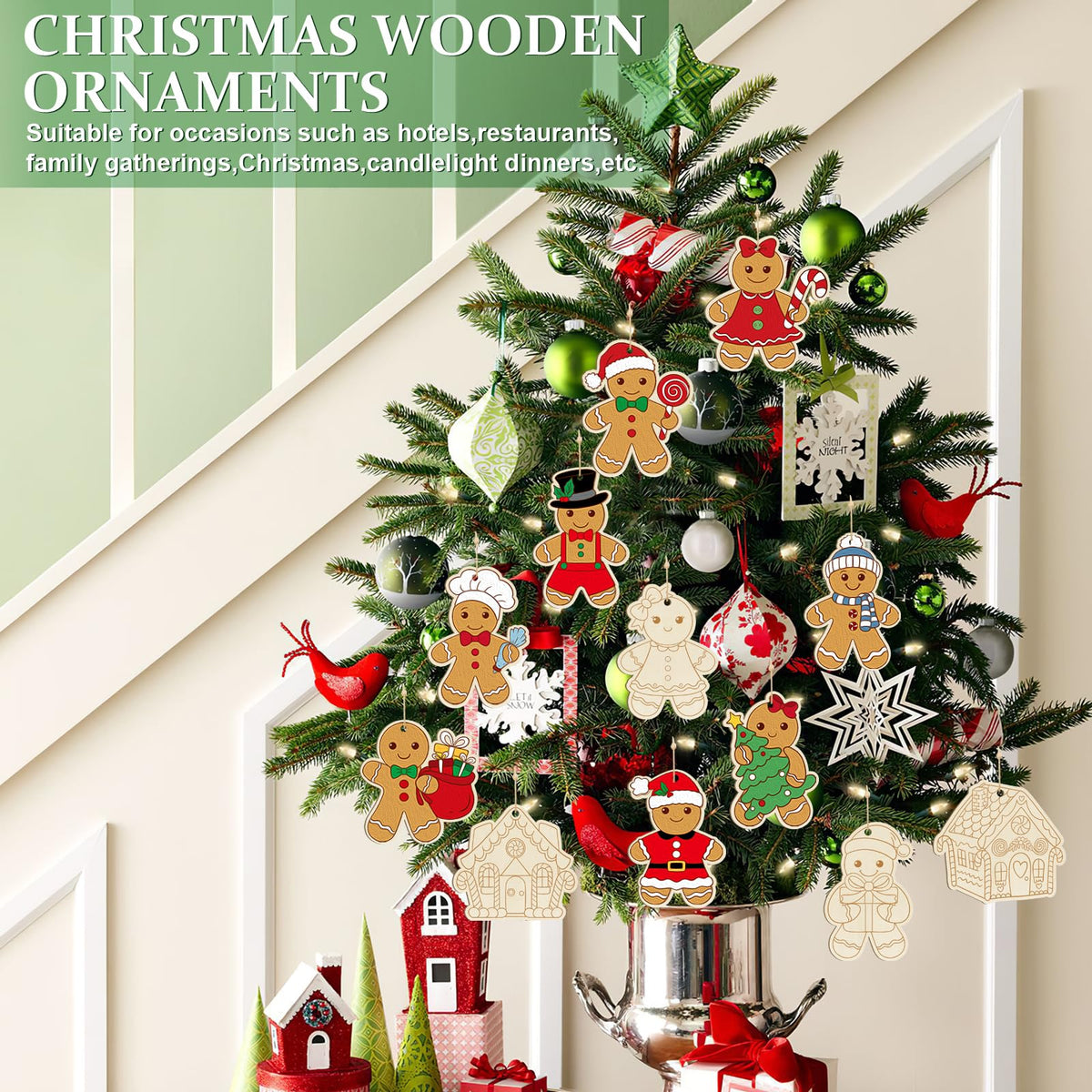 80PCS Wooden Christmas Ornaments to Paint, 8 Styles DIY Blank Unfinished Wood Gingerbread Man Cutouts Ornament for Crafts Winter Hanging Decorations