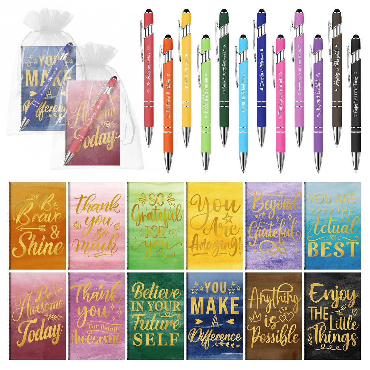 BOBOKA 12 Sets Employee Appreciation Gifts Bulk Motivational Pens Inspirational Notepads, Mini Motivational Notebooks Thank You Gifts for Coworker Teacher Staff Volunteer Nurse Office Supplies