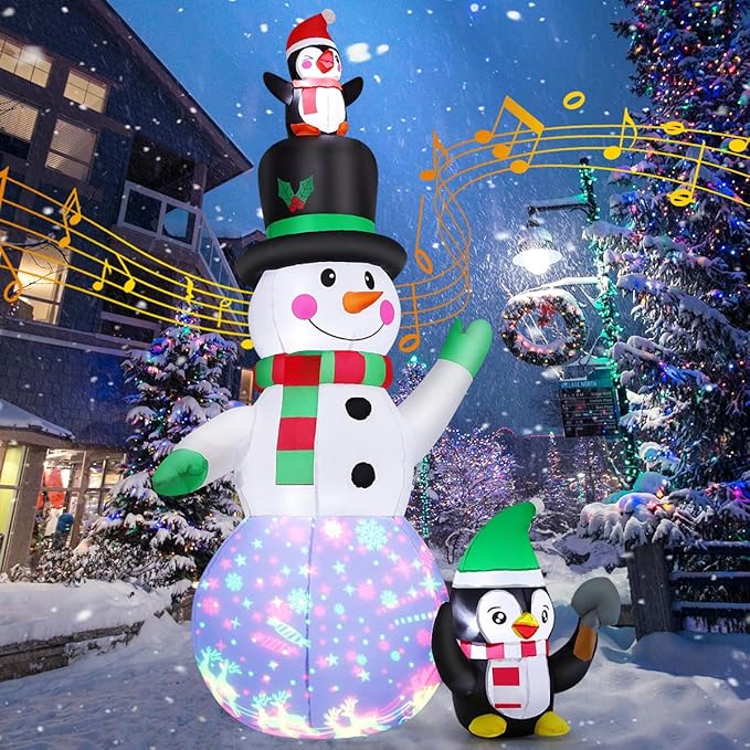GOOSH 7 FT Christmas Inflatables Snowman and Penguin with Built-in Music & 360° Rotation Colorful Projector LED Light, Blow Up Snowman Outdoor Christmas Decoration for Holiday Party Xmas New Year