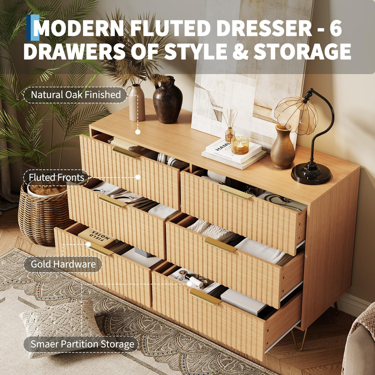Garvee Fluted Dresser for Bedroom with 6 Drawers,47" Wide Modern Chest of Wooden Bedroom Chest with Metal Handle,Clothes Storage Organizer,Closet Dresser & TV Stand for Living Room,Hallway,6&Natural