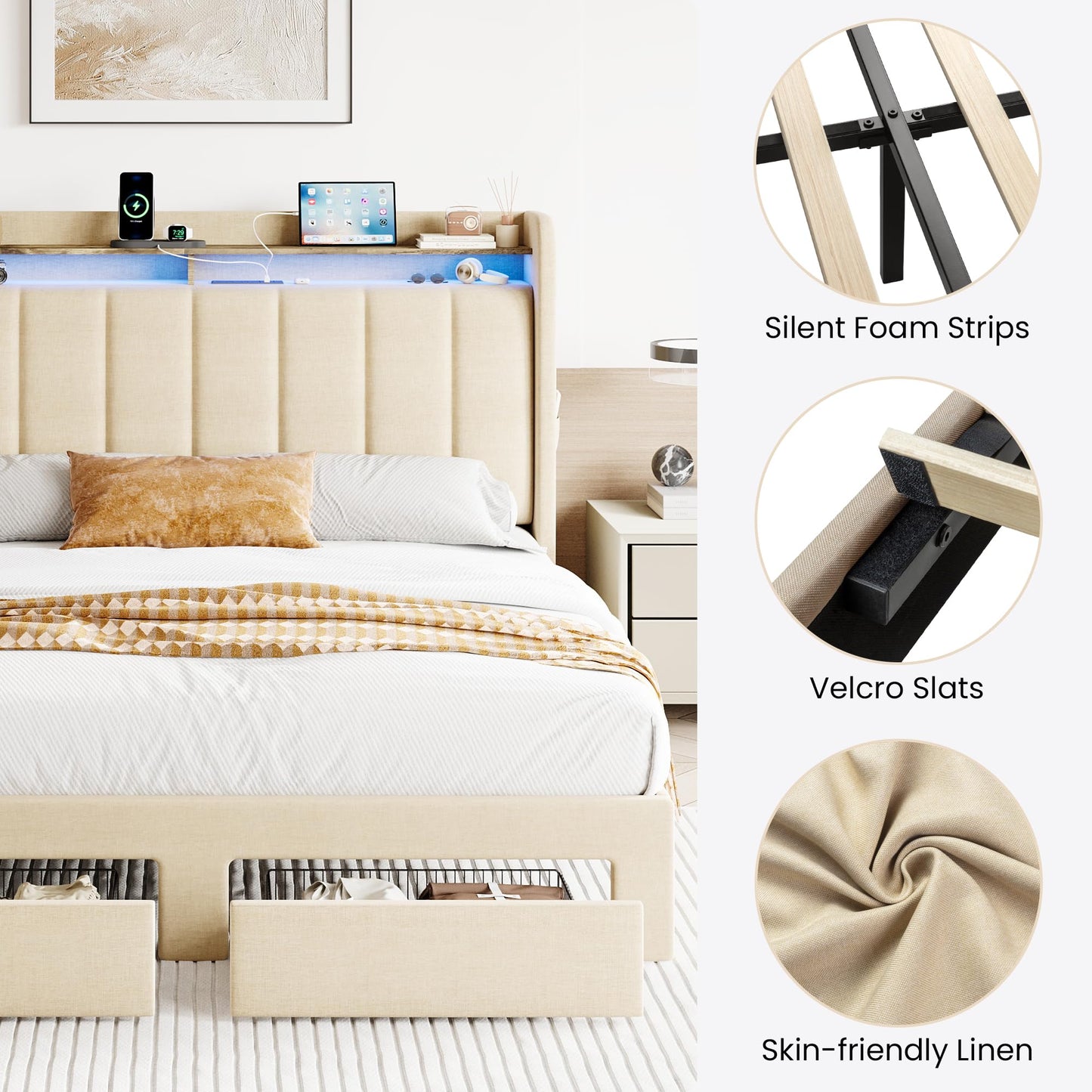 SHA CERLIN Full Size Platform Bed Frame with Vertical Channel Tufted Wingback Headboard & 2 Storage Drawers/2-Tier Shelves with LED Lights & Charging Station/Noise-Free/No Box Spring Needed/Beige
