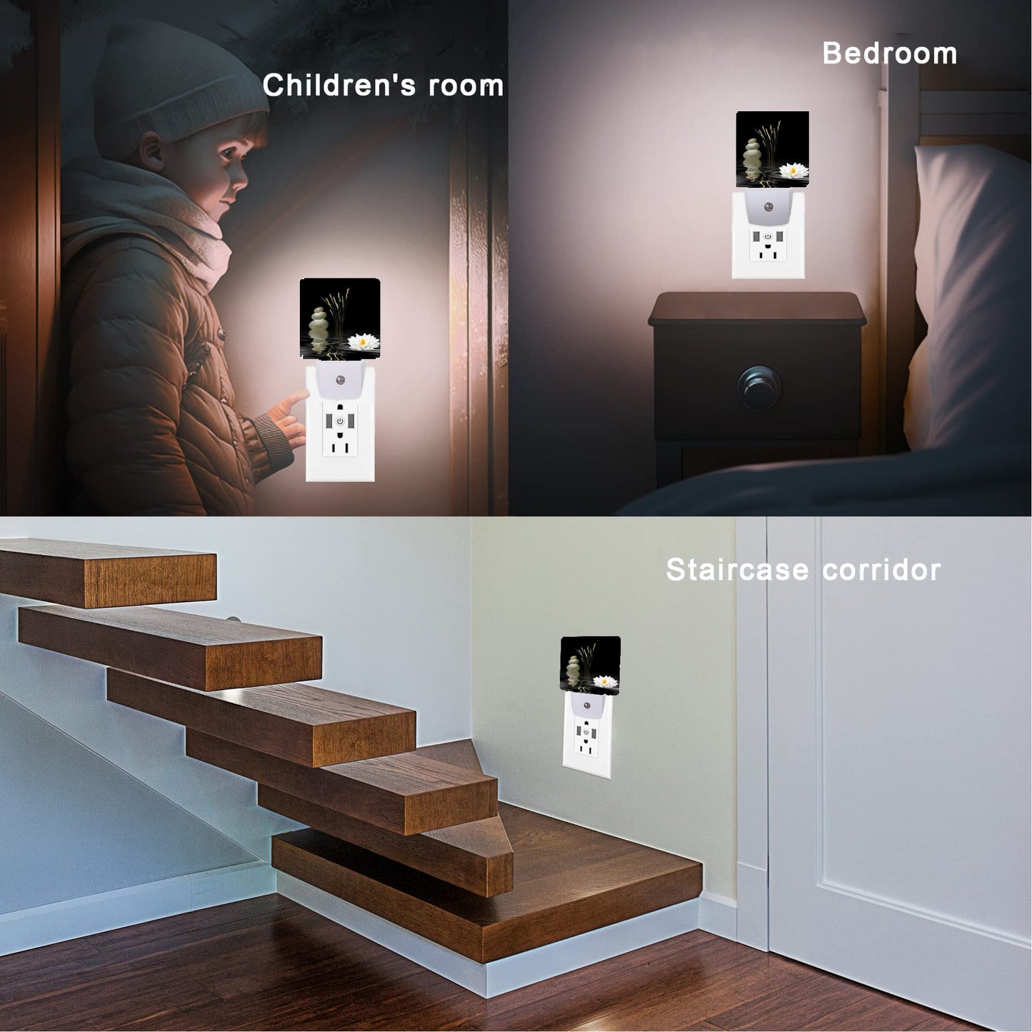 Oeaskly Zen Spa Night Light,Grey Stones Lotus Night Lights Plug into Wall Dusk to Dawn Sensor Led Lamp for Women Men,Led Lights for Stairway/Hallway/Bedroom,0.5W