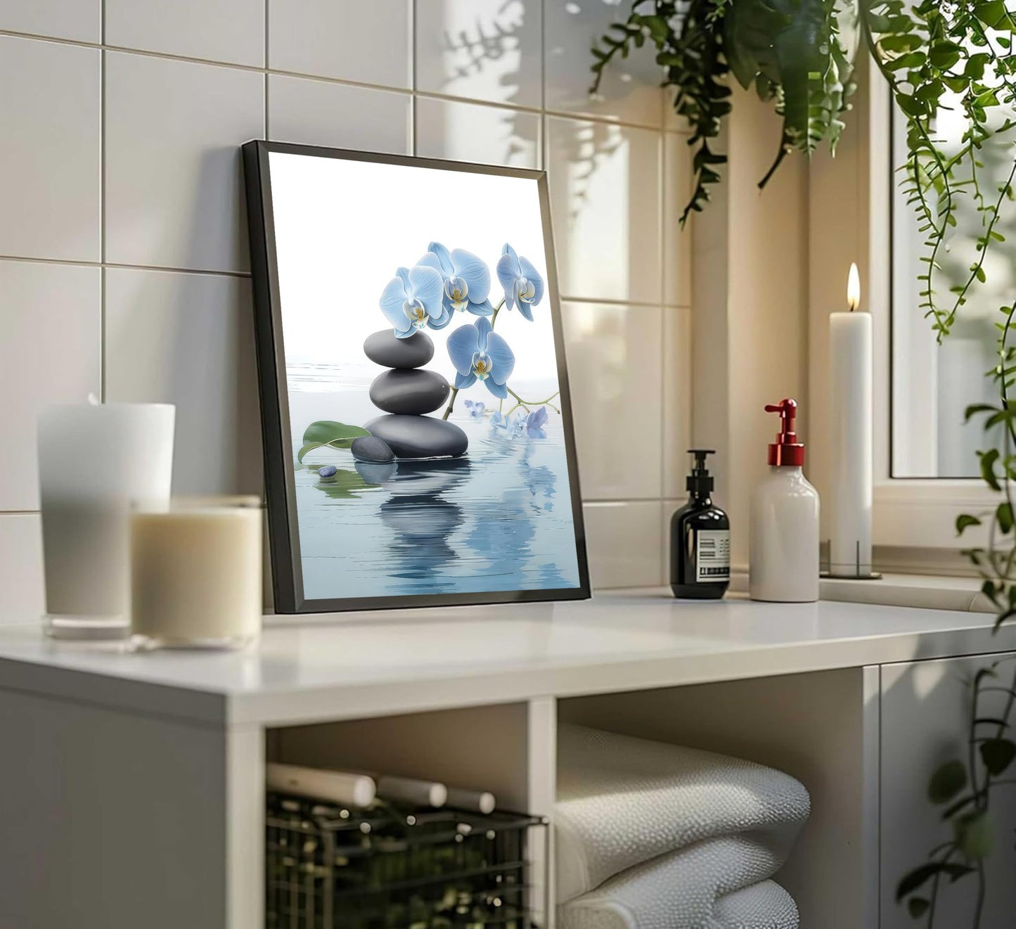 Framed Zen Canvas Wall Art Spa Stone and Elegant Blue Orchid Flower Spiritual Painting Pictures Wall Decor Poster Print Artwork for Bathroom Office Yoga Room Spa Room Meditation Room Decoration