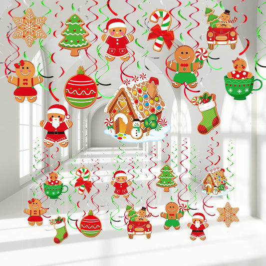 Zomiboo 53 Pcs Christmas Hanging Swirls Decorations Candy Gingerbread Man Elves Truck Red Cardinals Ceiling Decor Ornaments for Tree Xmas Holiday Party Supplies(Gingerbread)