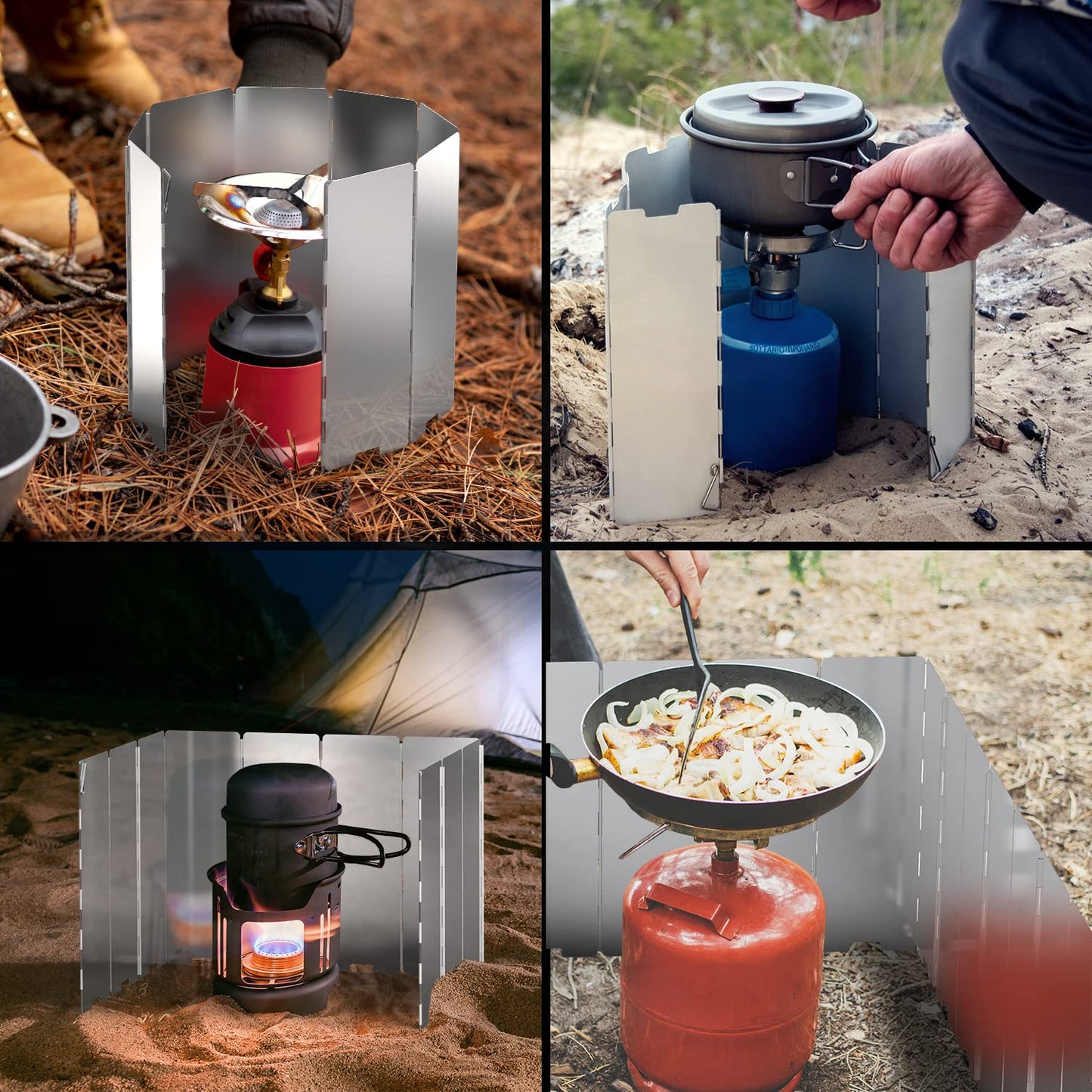 Camp Stove Windscreen, Ohuhu Camping Stove Windscreen 8 Plates Aluminum Folding Portable Camping Stove Windshield Grill Wind Screen for Camp with Carry Bag for Camping Hiking Picnic Backpacking