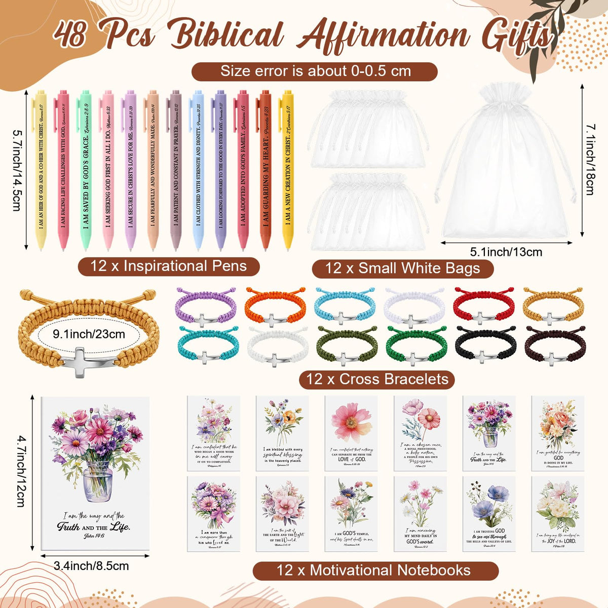 Pasimy 12 Set/48 Pcs Biblical Affirmation Gifts for Women Positive Affirmation Notebooks with Inspirational Pens Cross Bracelet Floral Christian Gift for Women Mother Church Member Party Favors