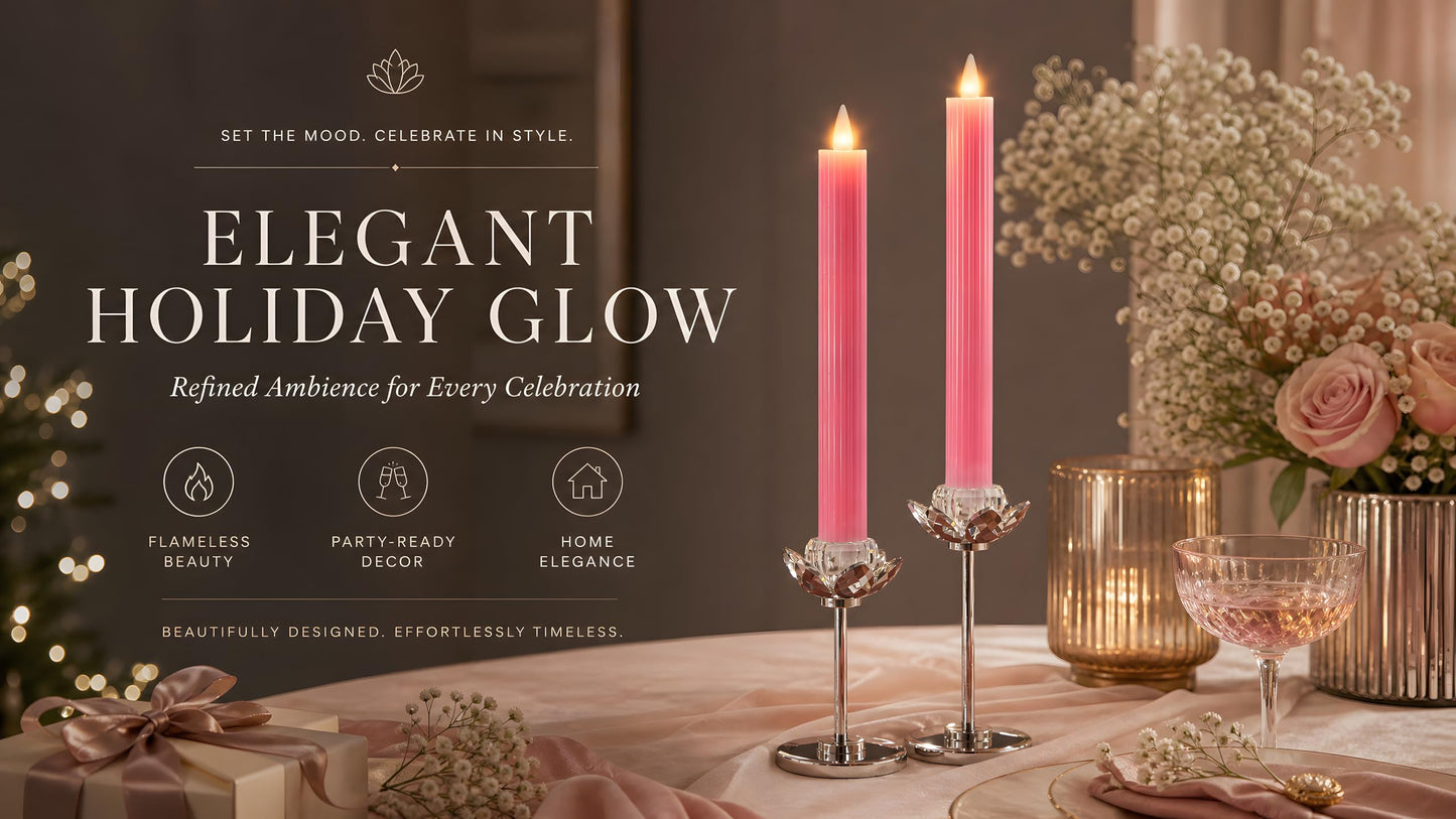 CozierGlow Flameless Taper Candles Flickering with Remote and Timer, 3D Moving Flame Taper Candle Battery Operated to 400 Hours, 9 Inch Window Candles, (Pink-Vertical Stripes)