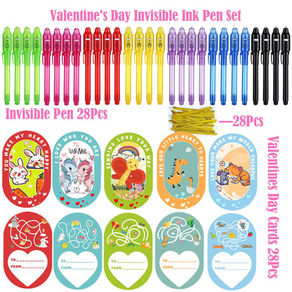 SCStyle 56 Pcs Party Favors | Valentines Day Cards 28Pcs and 28 Invisible Ink Pen with UV Light,Writing Secret Information Bag Gifts for Students Classroom Favors,Valentines Day for Kids Gifts Set