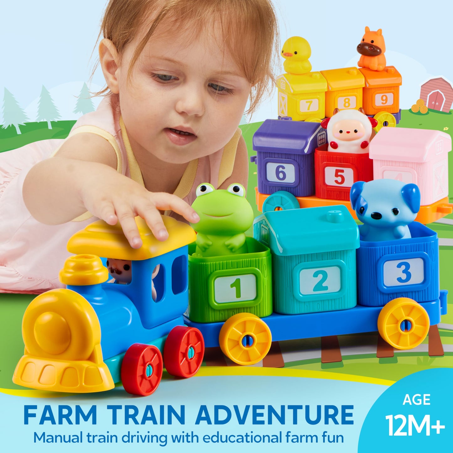 Play-Act Learning Toy for Toddlers 1 2 3 Years Old, Counting, Matching & Sorting Montessori Learning Farm Train Including 9 Farm Animals and 1 Farmer, Christmas Birthday Gift for Baby Boys Girls