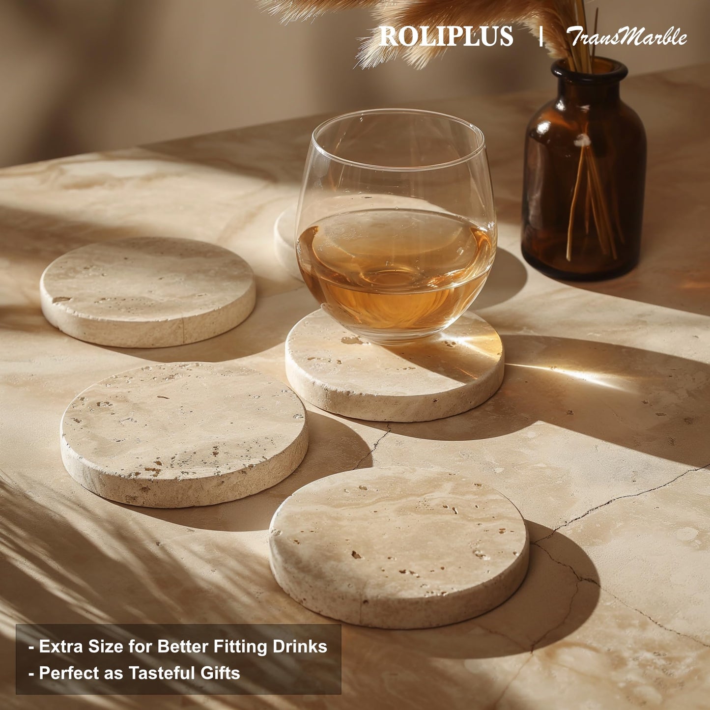 Natural Elegant Set of 4 Round Travertine Stone Coasters with Cork Backing - Absorbent Drink Coasters for Home and Office