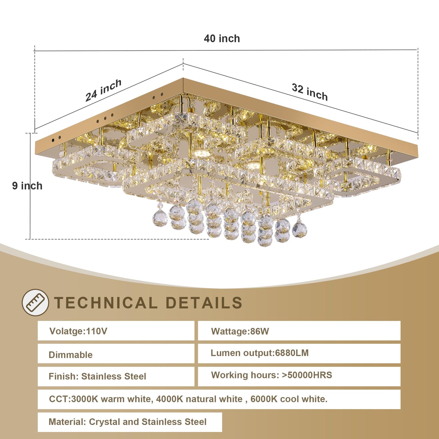 KINGTORO 32" Gold Crystal Flush Mount Chandelier with Remote/App Control, Modern LED Ceiling Light with 3CCT Dimmable, Elegant Chandeliers for Bedroom Living Room Dinning Room Hallway Kitchen