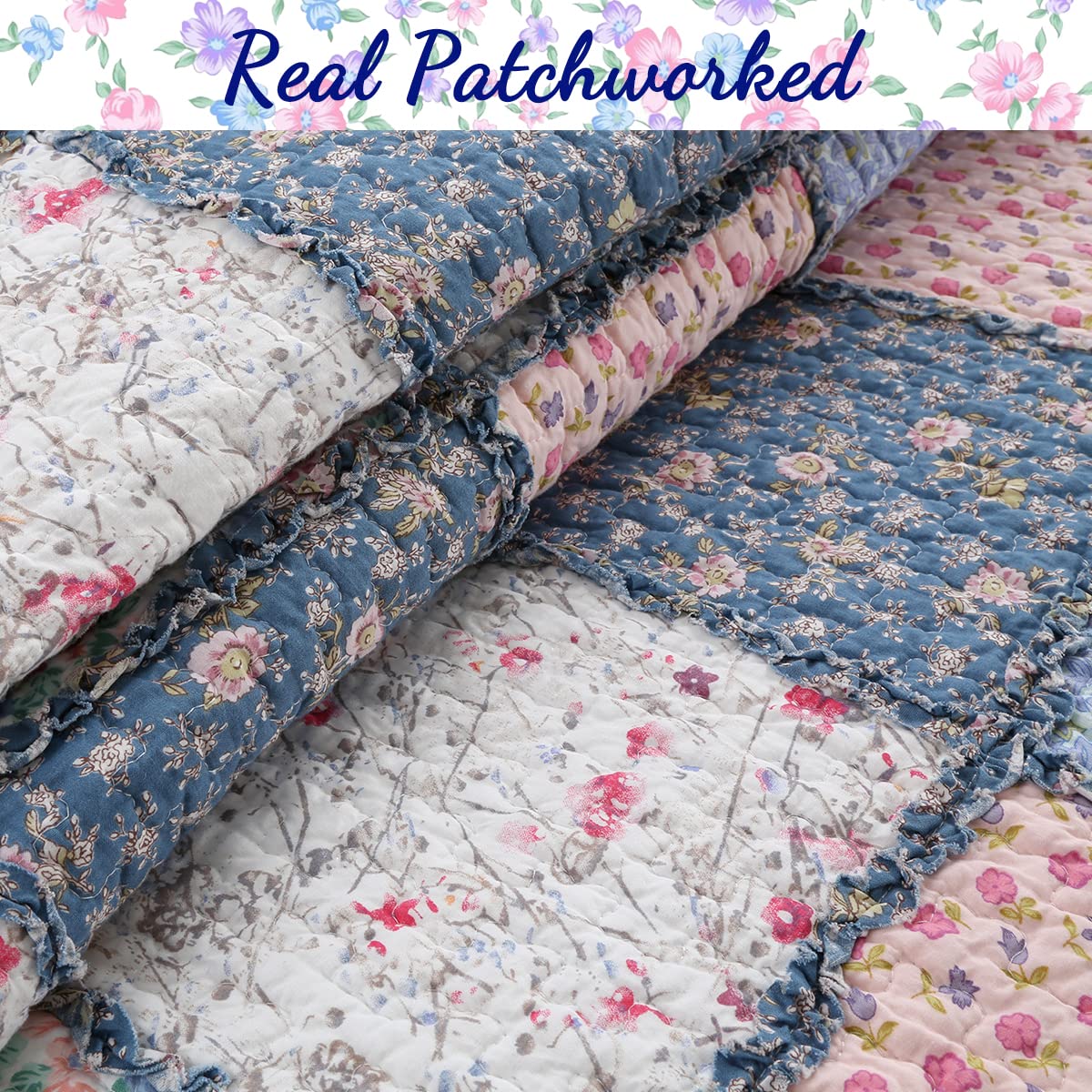 Cozy Line Home Fashions 100% Cotton Real Patchwork French Country Cottage Floral Reversible Quilt Bedding Set Coverlet Bedspread (Blue Pink, Queen-3 Piece)
