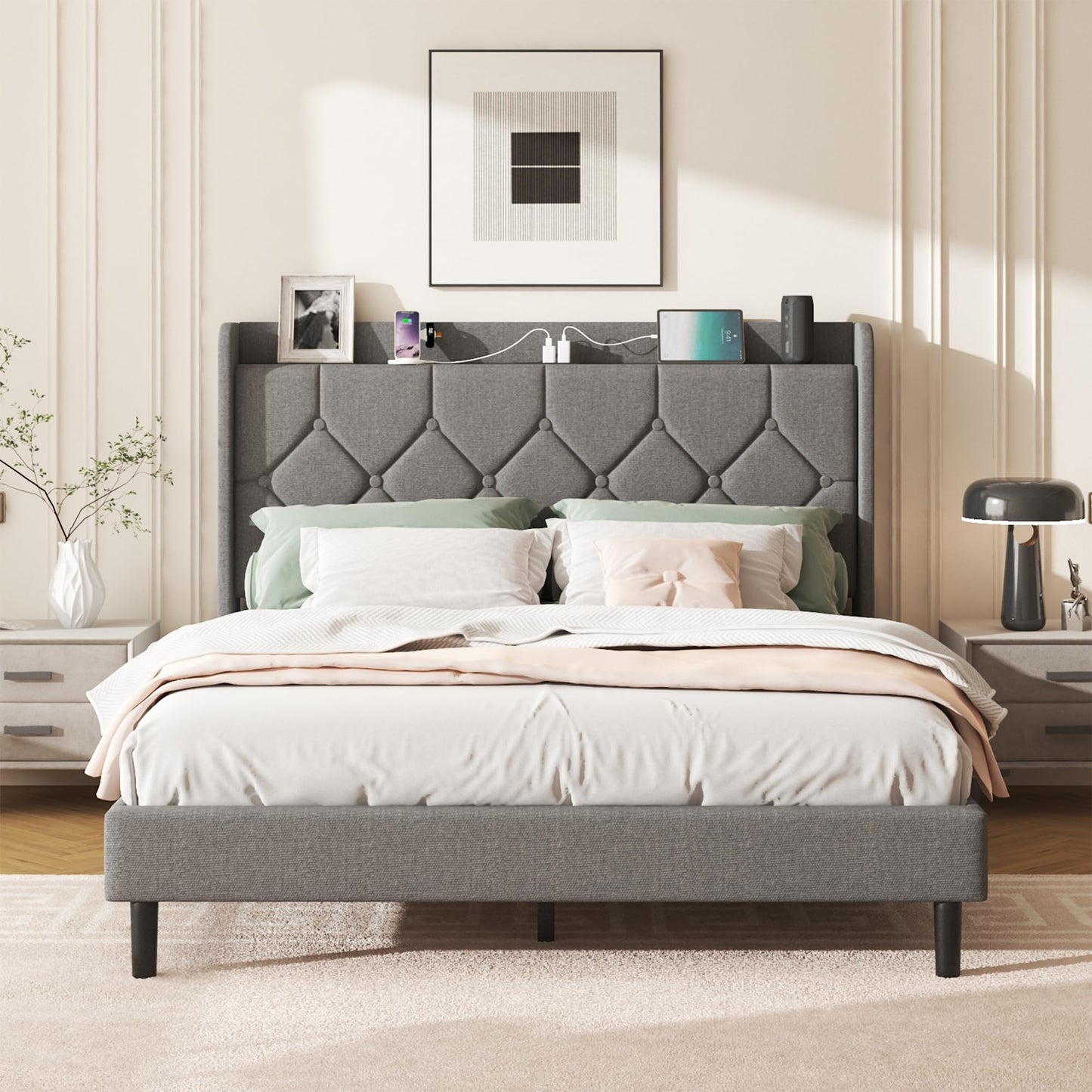 Lcwtvgxr Full Size Bed Frame with Diamond Tufted Linen Headboard & Storage Shelf, Space-Saving Platform Bed with Wood Slats & Sturdy Metal Frames, No Box Spring Needed, Easy Assembly, Gray