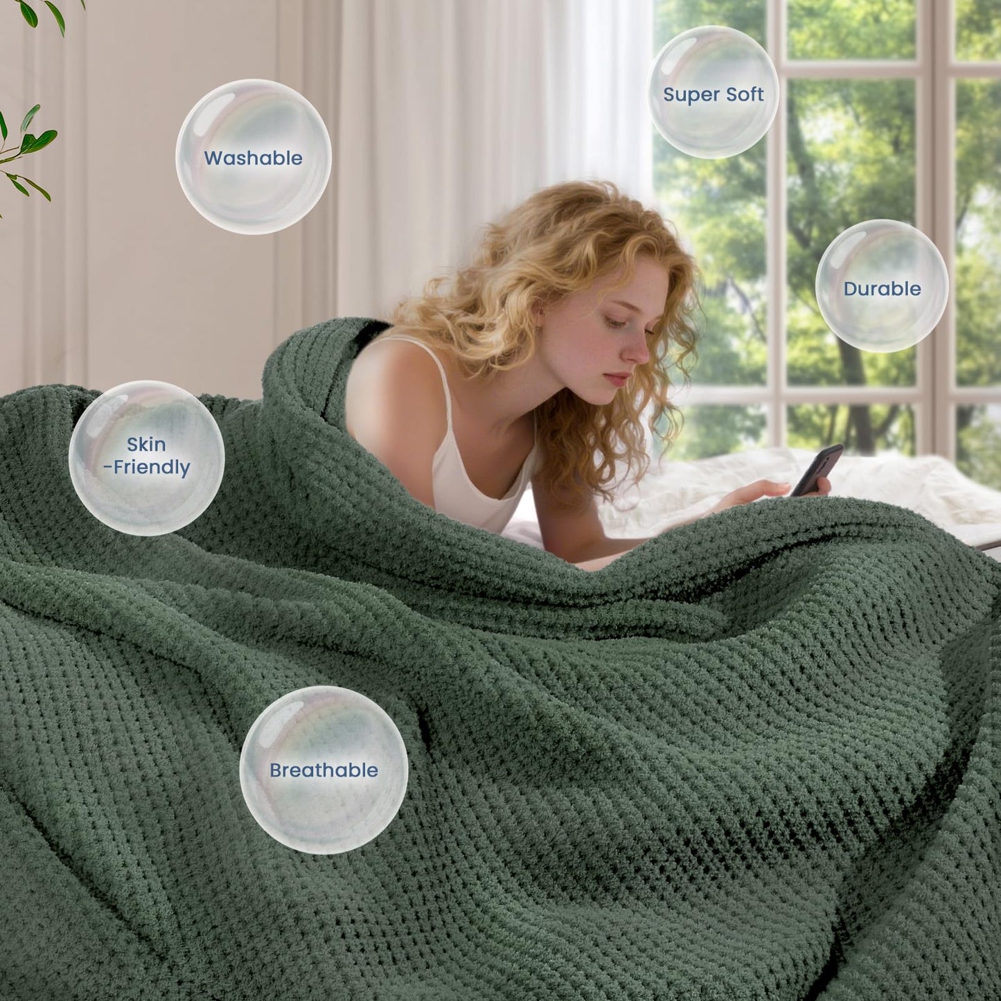 blunique Waffle Knit Throw Blanket, Luxury Cozy Chunky Knit Throw Blanket for Couch, 50 x 60 Inch Thick Ultra-Soft Feather Yarn Knitted Blanket for Sofa, Bed, Home Decor - Sage
