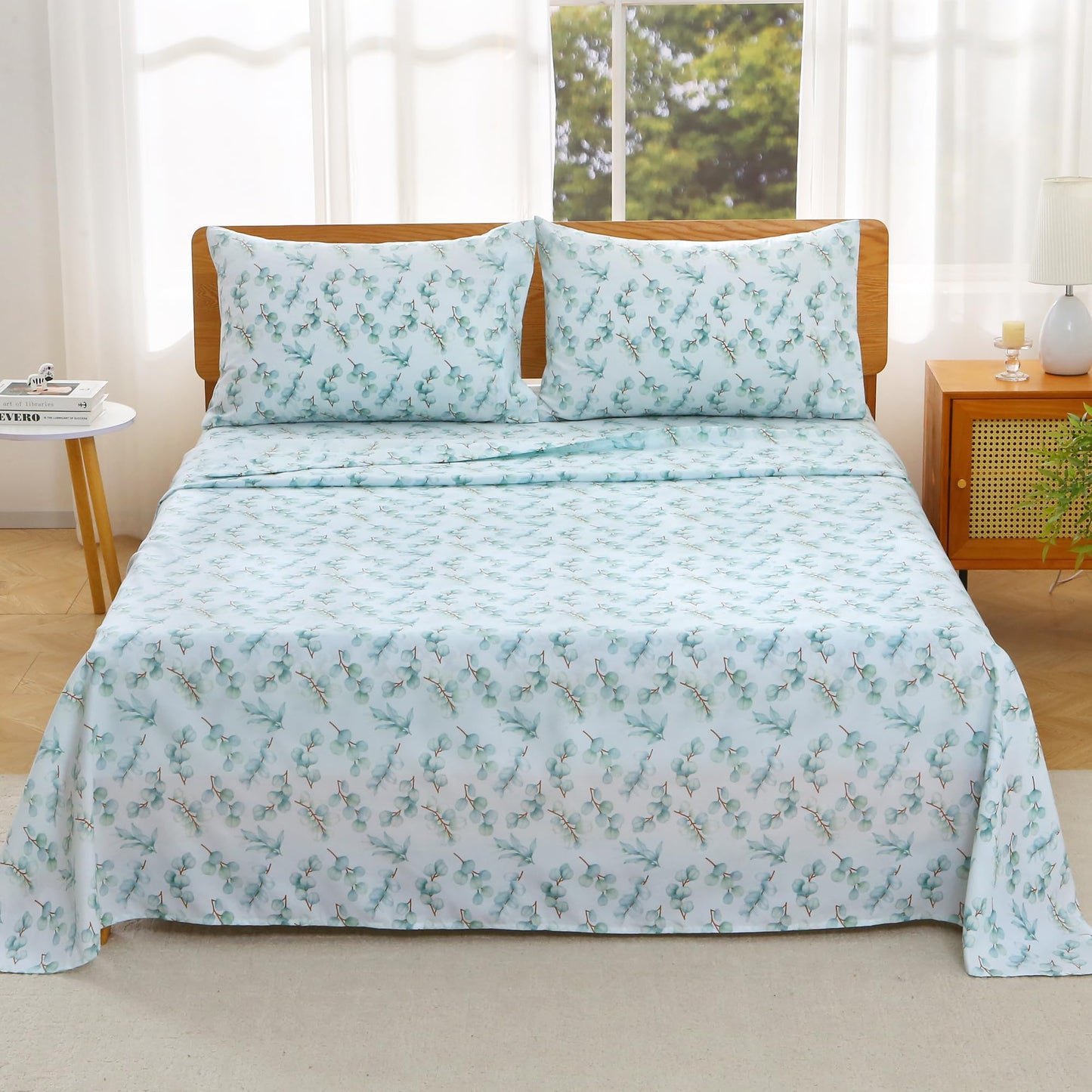 Viviland Queen Bed Sheet Set - 4 Piece Double Brushed Microfiber Bedding - Deep Pocket Up to 15", Ultra Soft, Breathable & Wrinkle Resistant Skin-Friendly Cooling Sheets for Adult - Eucalyptus Dew(Q)