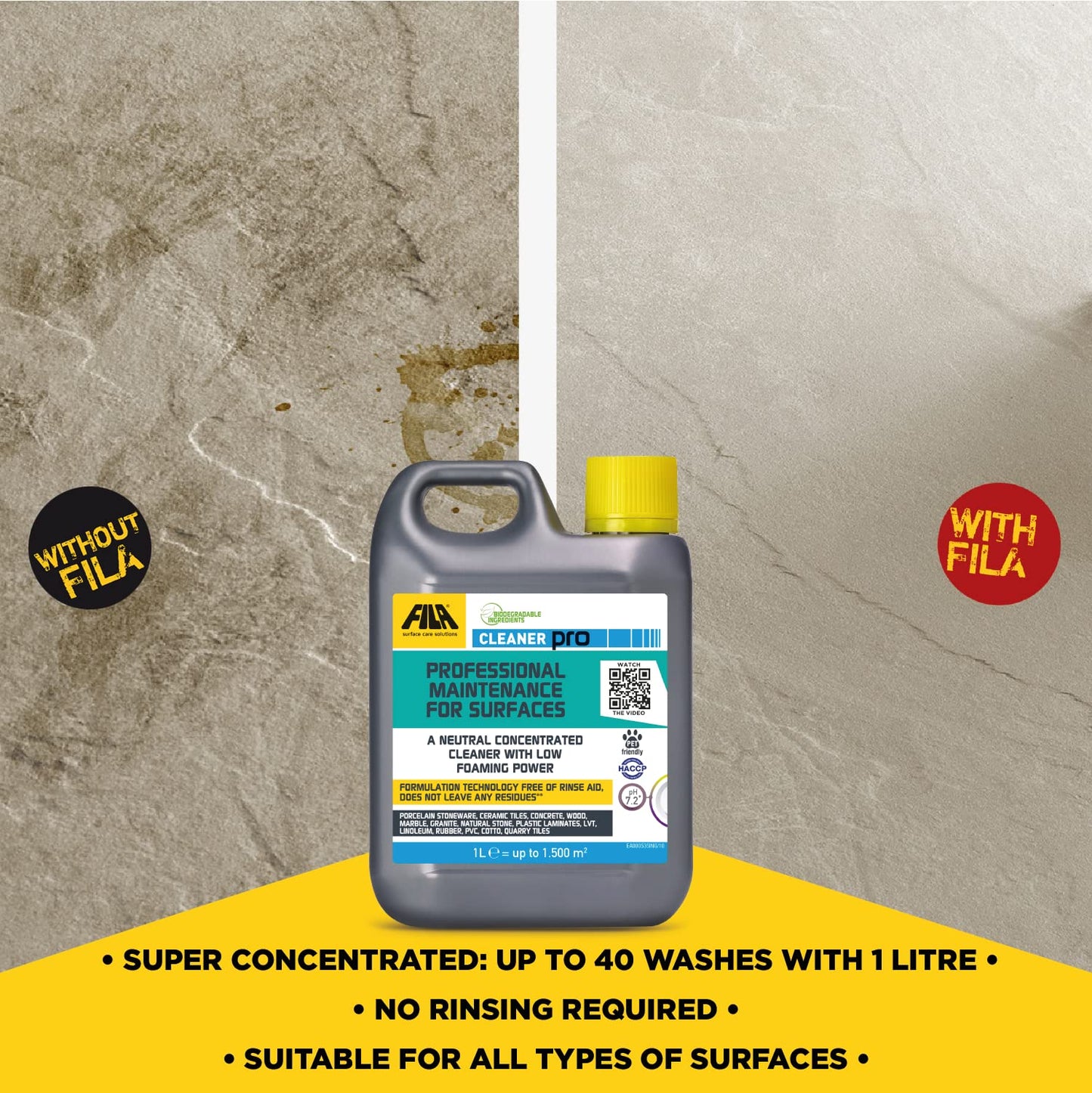 FILA Surface Care Solutions, CLEANER PRO, Concentrated Neutral Detergent - Up to 40 Washes - Hard Floor Cleaner Liquid for Floor Tiles in Marble, Porcelain, Stone etc, Laminate Floor Cleaner, 1L