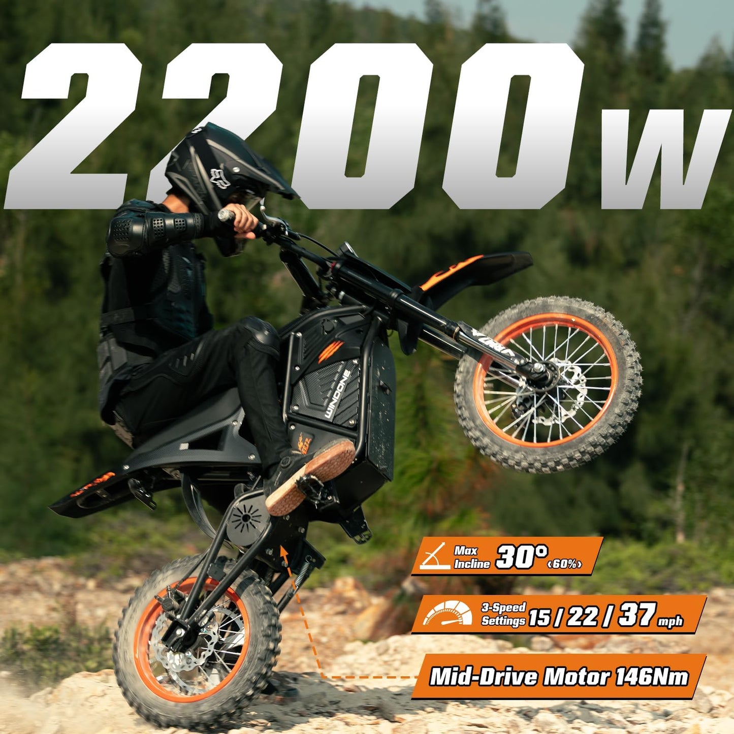WindoneRide RM7 Electric Dirt Bike for Adults & Teens, 2200W Peak Ebike, 48V 22.4Ah, 36.9 MPH, 45 Miles, 14"/12" Tire Off-Road Electric Motorcycle, Dual Hydraulic Brakes, Fit Age 13+, Neon Green