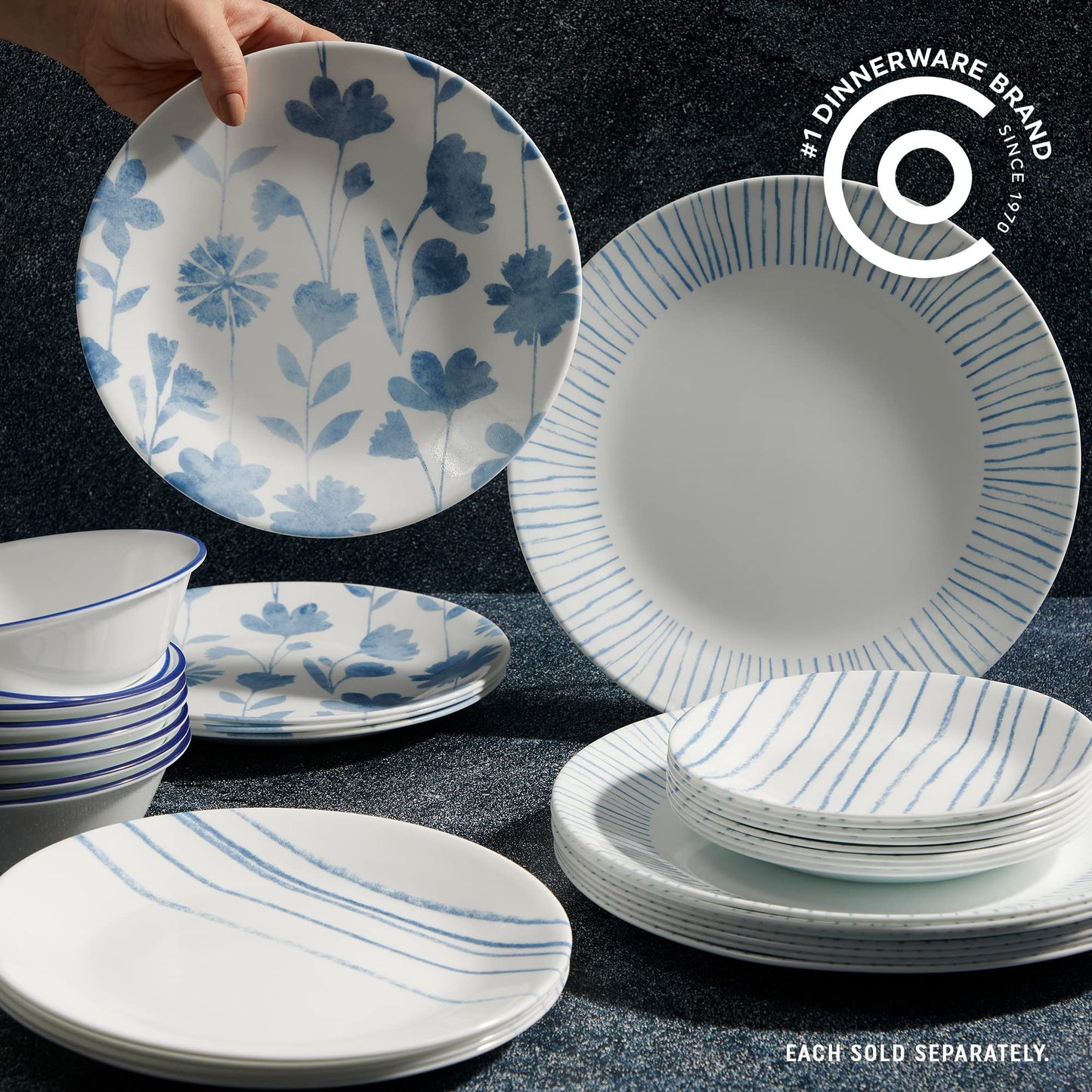 Corelle 6-Piece 10.25" Vitrelle Glass Dinner Plates Lightweight, Chip/Scratch Resistant - Botanical Stripes