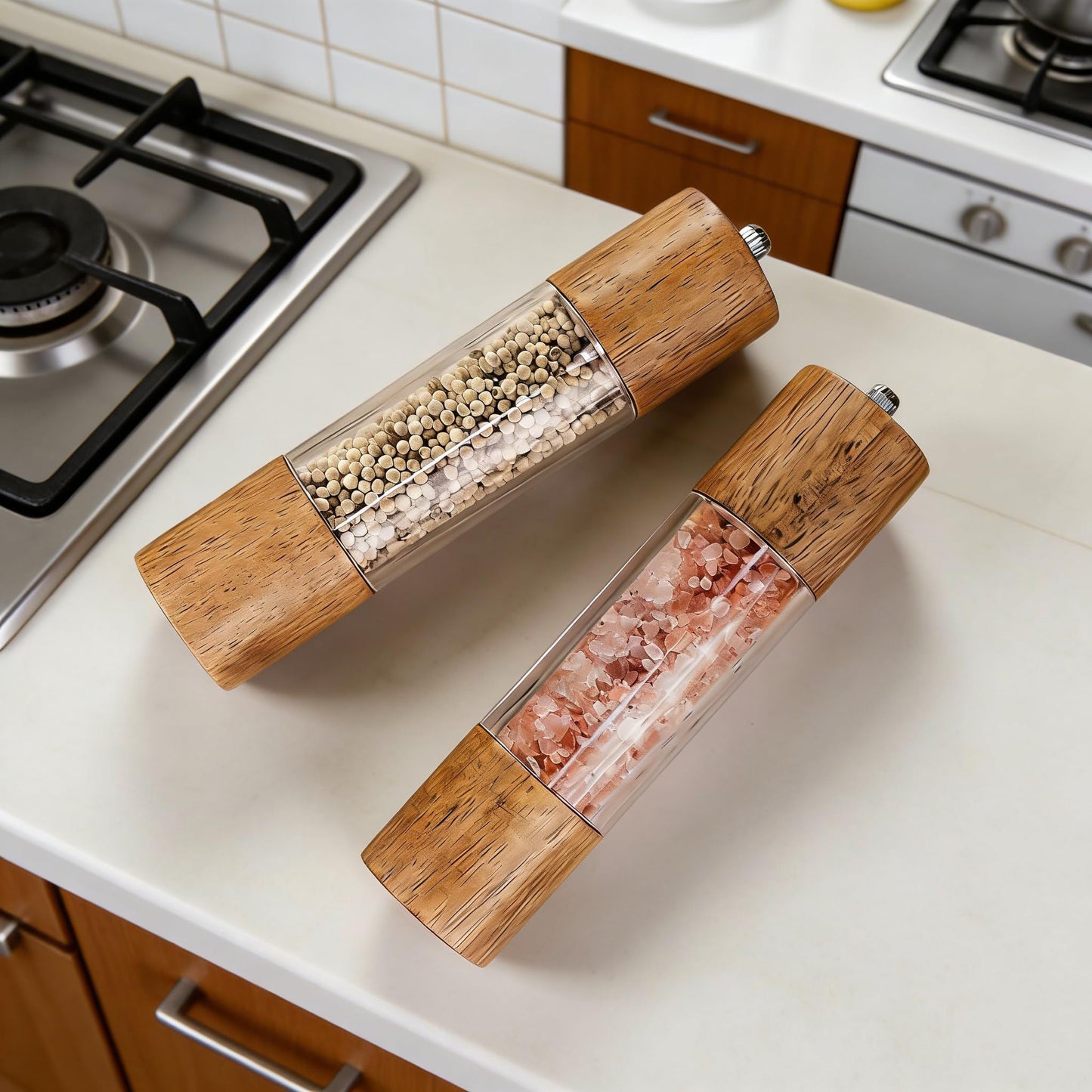 2 Pack Wooden Salt and Pepper Grinder Set,8 Inch Manual Acrylic Salt and Pepper Mills with Adjustable Ceramic Grinder Core,Rustic Wood Finish Spice Grinder Set for Kitchen Dining Table BBQ