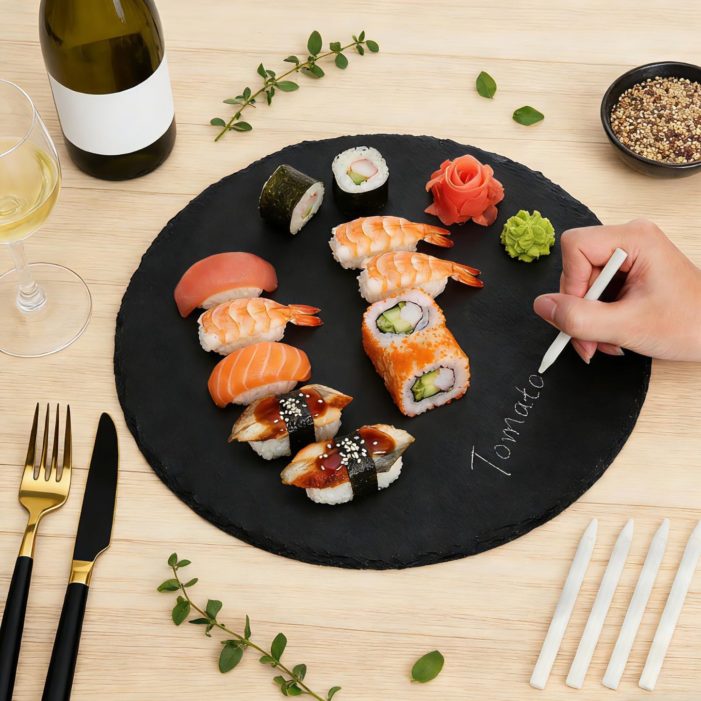 Hacaroa 3 Pack Slate Cheese Board, 12 Inch Large Round Charcuterie Boards Natural Stone Plate Tray, Blank Black Slate Serving Platter for Meat, Fruit, Appetizer, Laser Engraving, Party