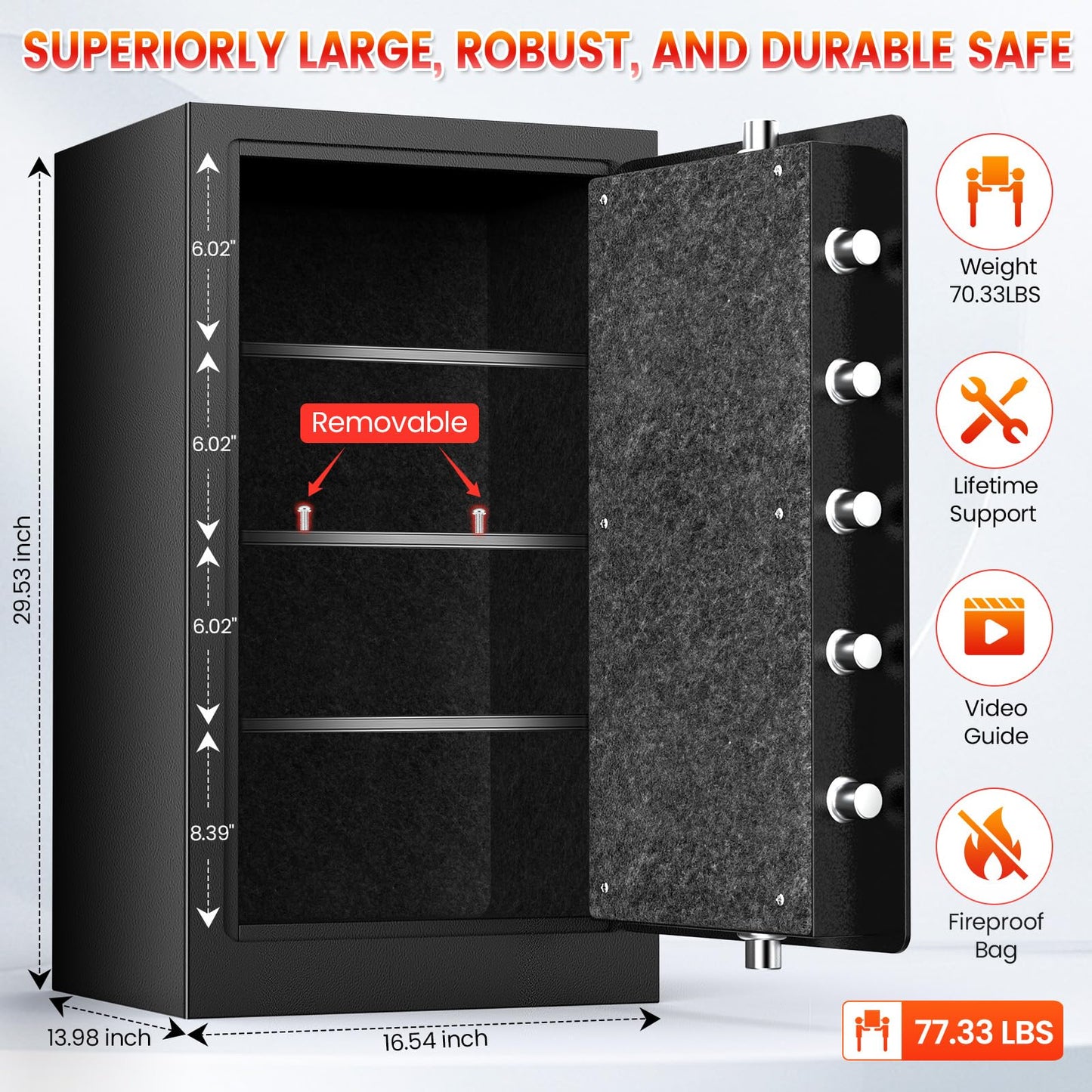 7.5 Cuft Large Fireproof Waterproof Home Safes, 1800°F Fire Safe for 35 Mins, 77Lbs Heavy Duty Home Safe Box with Digital Keypad,Sensor LED Light, Removable Shelf, Safes for Cash, Documents,Valuables