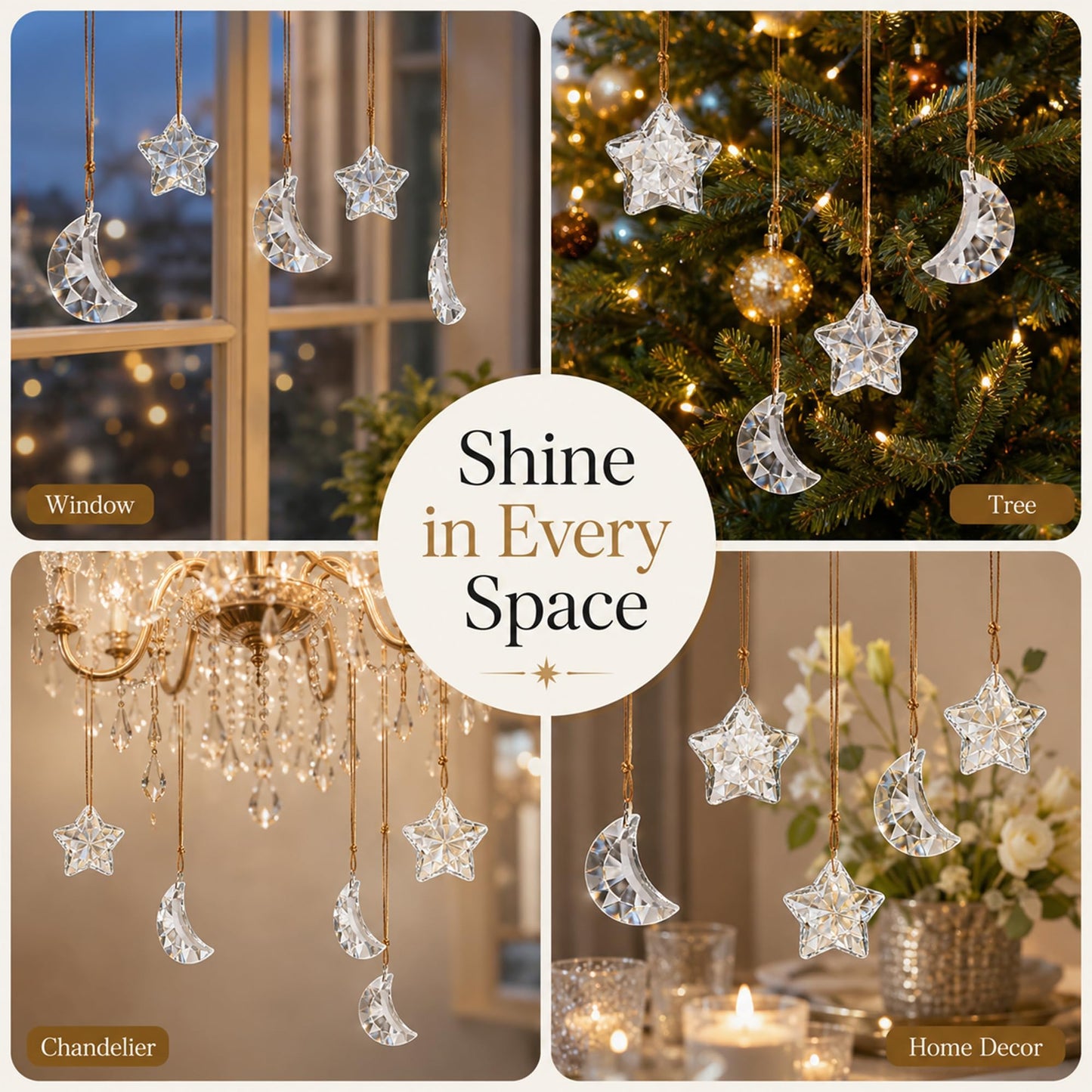 LOULIQIGIFT 12pcs Glass Star and Moon Ornaments Clear Hanging Crystal Prisms Ornaments for Chandelier Parts Home Office Window Decor for Mother's Day Birthday Party