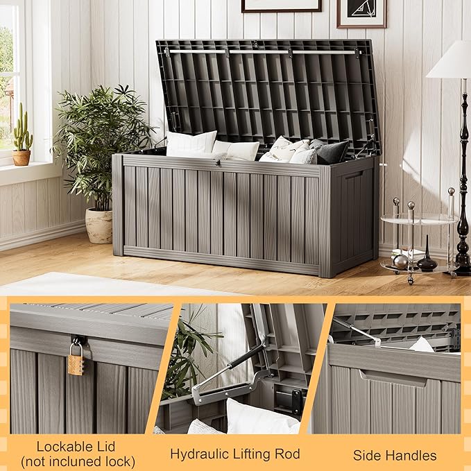 Outdoor Storage Box, Resin Deck Boxes Indoor and outdoor, Waterproof Storage Box Lockable Lid (Grey,270 Gallon)
