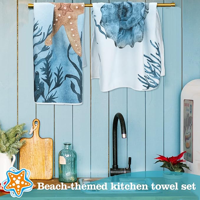 Boyiee Set of 6 Beach Kitchen Towels Sea Ocean Animal Nautical Tea Towels 24 x
