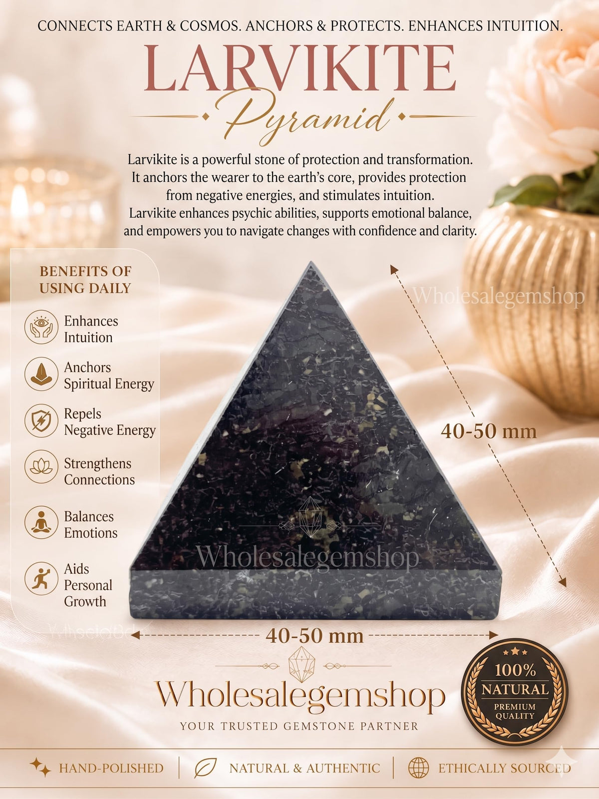 GEMSCITE Larvikite Pyramid Crystal Healing Stones - 2" Great Pyramid Figurine of Natural Stone for Meditation, Reiki, Chakra Balancing, Handcrafted