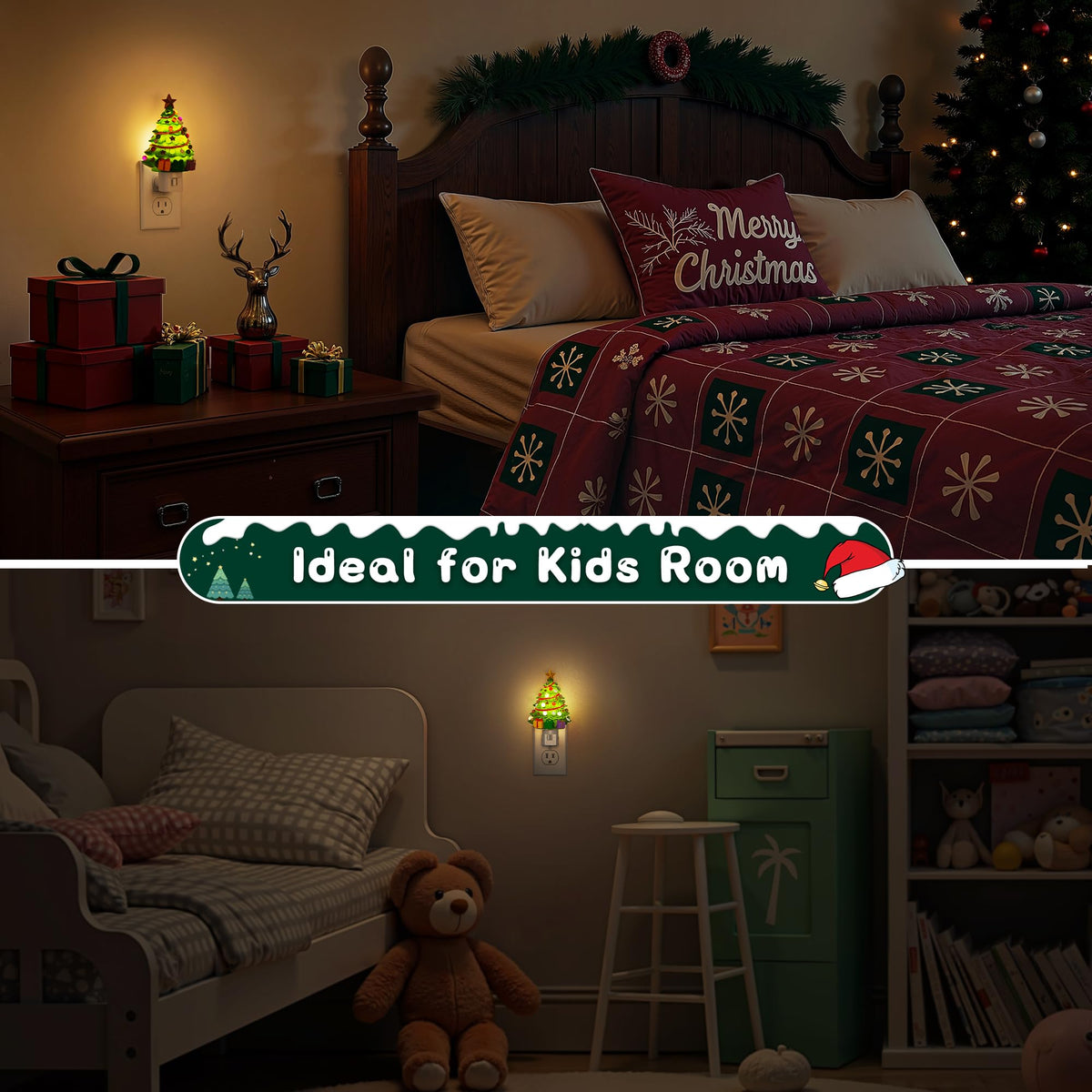 L LOHAS LED Christmas Tree & Snowman Night Light, 3000K Warm White Plug-In Resin Nightlight, 360° Rotatable for Kids Room, Holiday Party & Home Decor, 1 Pack