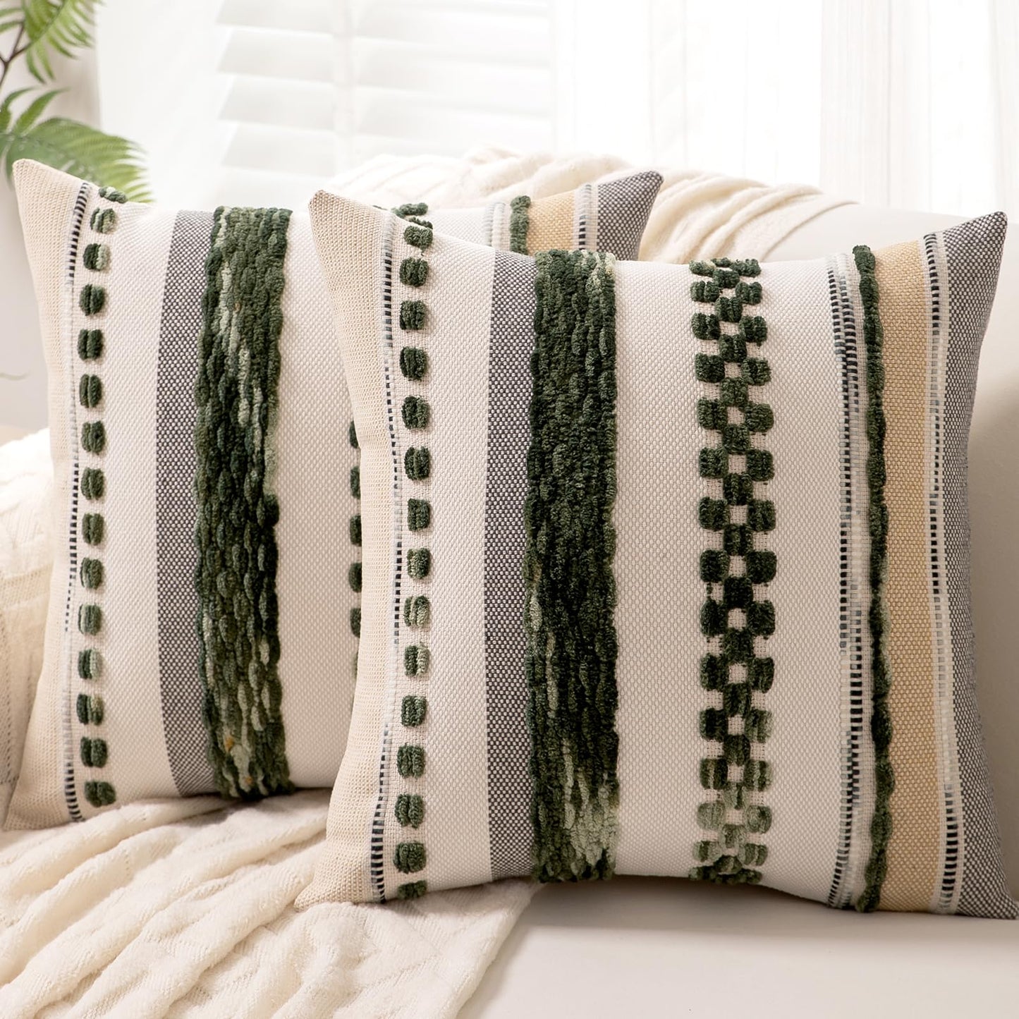 Boho Throw Pillow Covers 18x18 Set of 2 Farmhouse Decorative Cushion Case Striped Square Pillows Cover Chenille Pillow Cases Accent Neutral Pillowcase for Sofa Couch Bed,Sky Blue