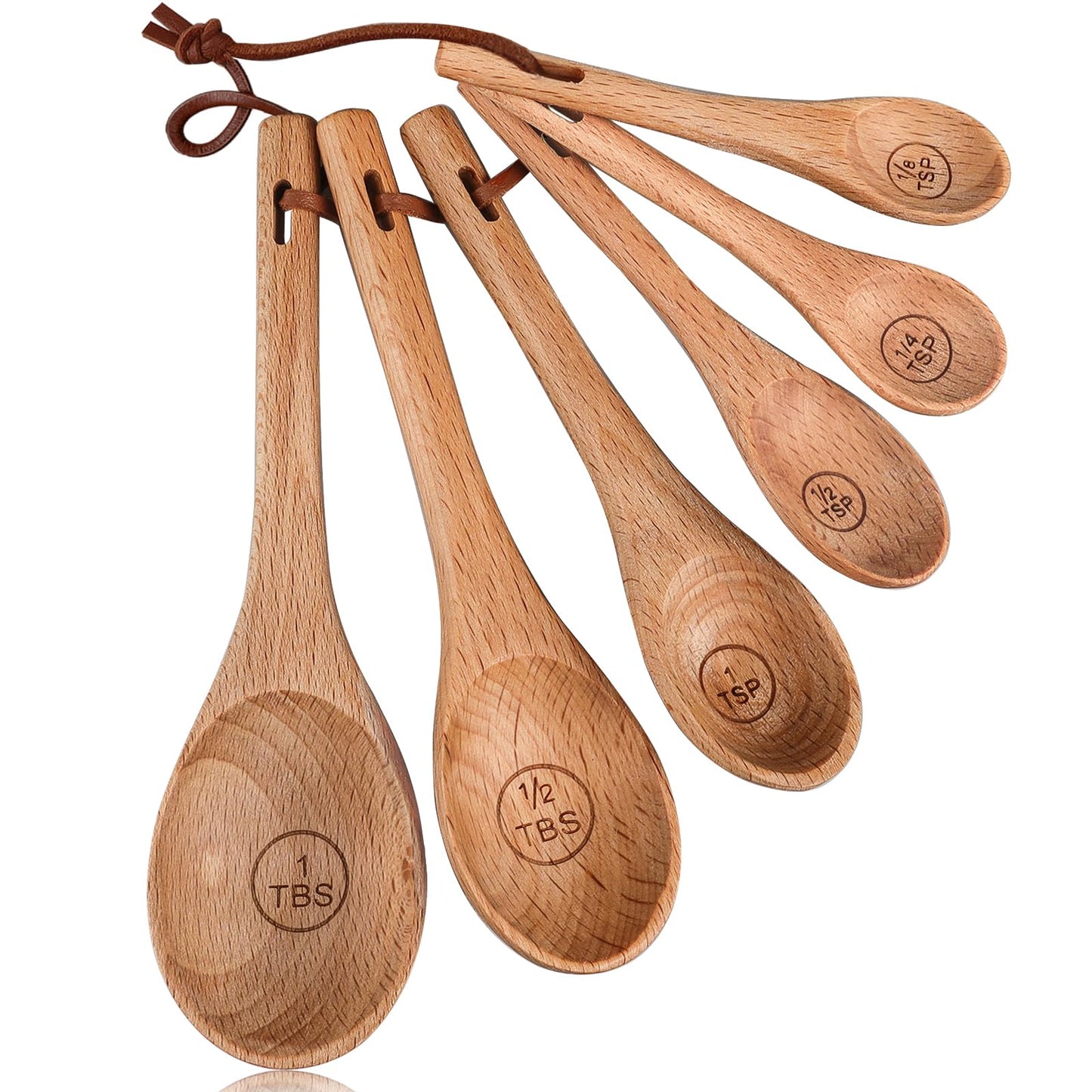 6pcs Measuring Spoons, Natural Beechwood Measuring Spoons Set Includes 1 tbsp, 1/2 tbsp, 1 tsp, 1/2 tsp, 1/4 tsp & 1/8 tsp for Cooking Baking, Rustic Teaspoon Tablespoon for Dry Ingredients