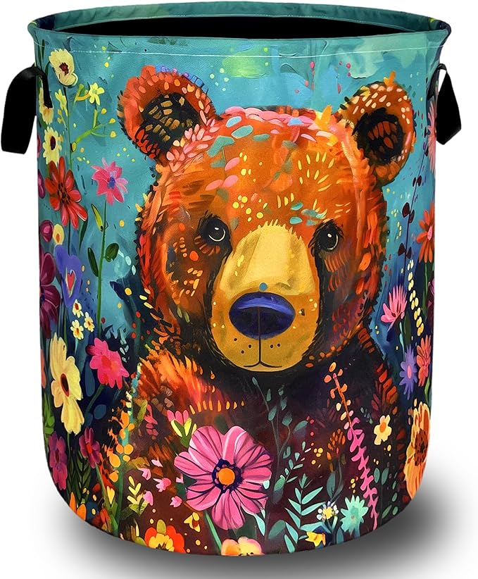 Bear Laundry Basket Oxford Cloth Foldable Colored Animal Flowers Laundry Hamper