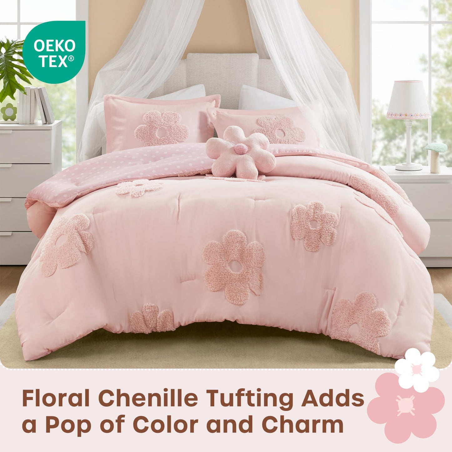Intelligent Design Kids Queen Comforter Set for Girls, Tufted Chenille Floral Comforter Set Queen, Lightweight Polka Dot Comforter Reversible Bed Set, Sham, Pillow, Gracie, Full/Queen Pink 4 Piece