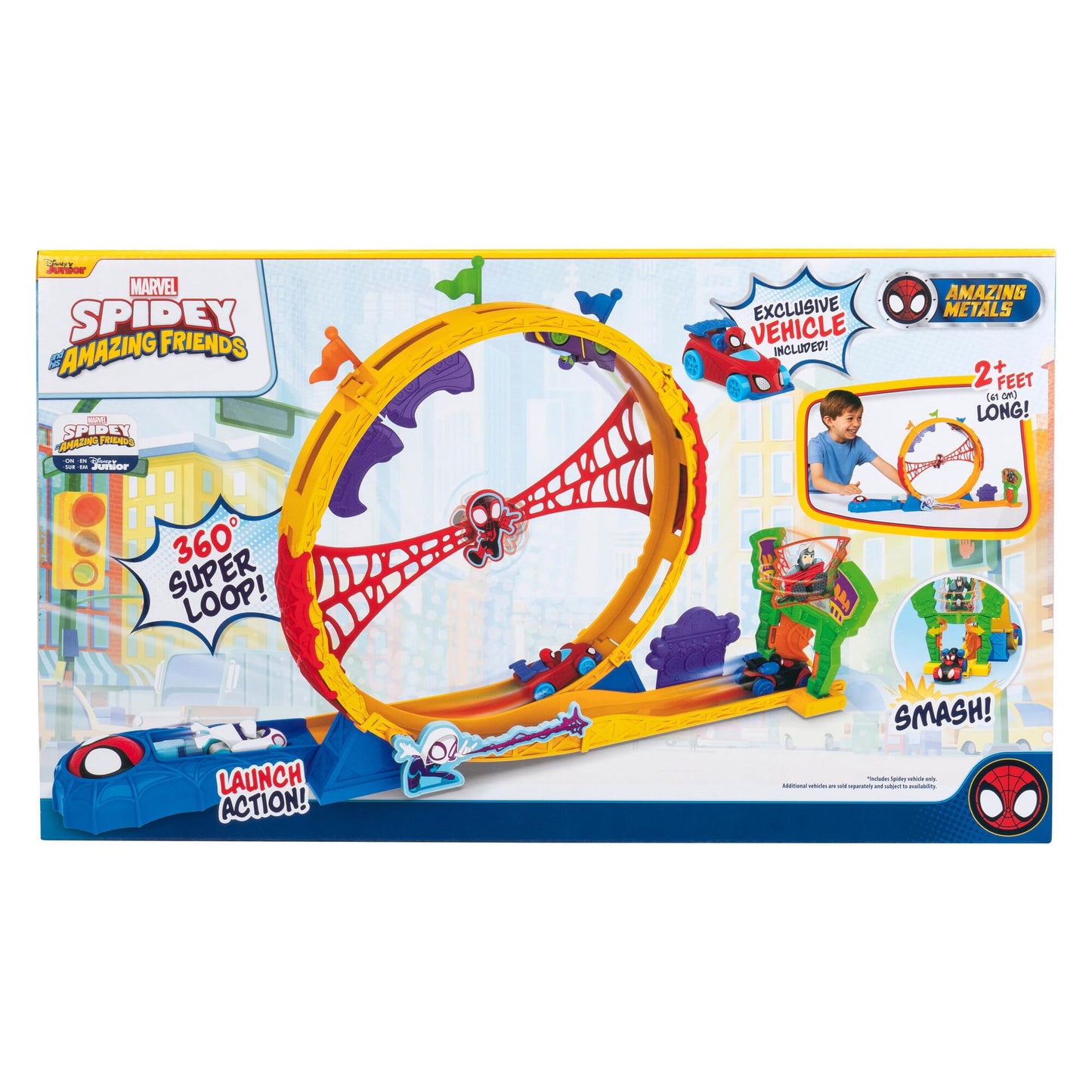Marvel Spidey and His Amazing Friends Amazing Metals Super Loop Track Set - 28-Inch Race Track with Launcher, 360 Degree Super Loop, and Exclusive Amazing Metals Vehicle