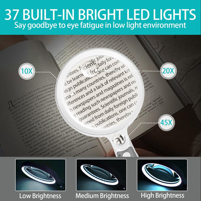 Large Magnifying Glass with 37 LED Light and Case, 10X 20X 45X Handheld Illuminated Lighted Magnifier with 3 Light Modes Rechargeable Magnifying Glass for Seniors Reading, Inspection (White & Grey)