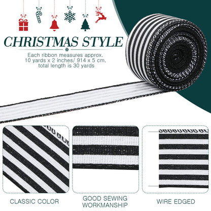 3 Rolls 30 Yard x 2 Inch Striped Ribbon Fabric Grosgrain Ribbon Craft Wrapping Striped Ribbons Christmas Wired Edge Ribbons for Christmas Wrapping Embellishments(Black and White Stripe)