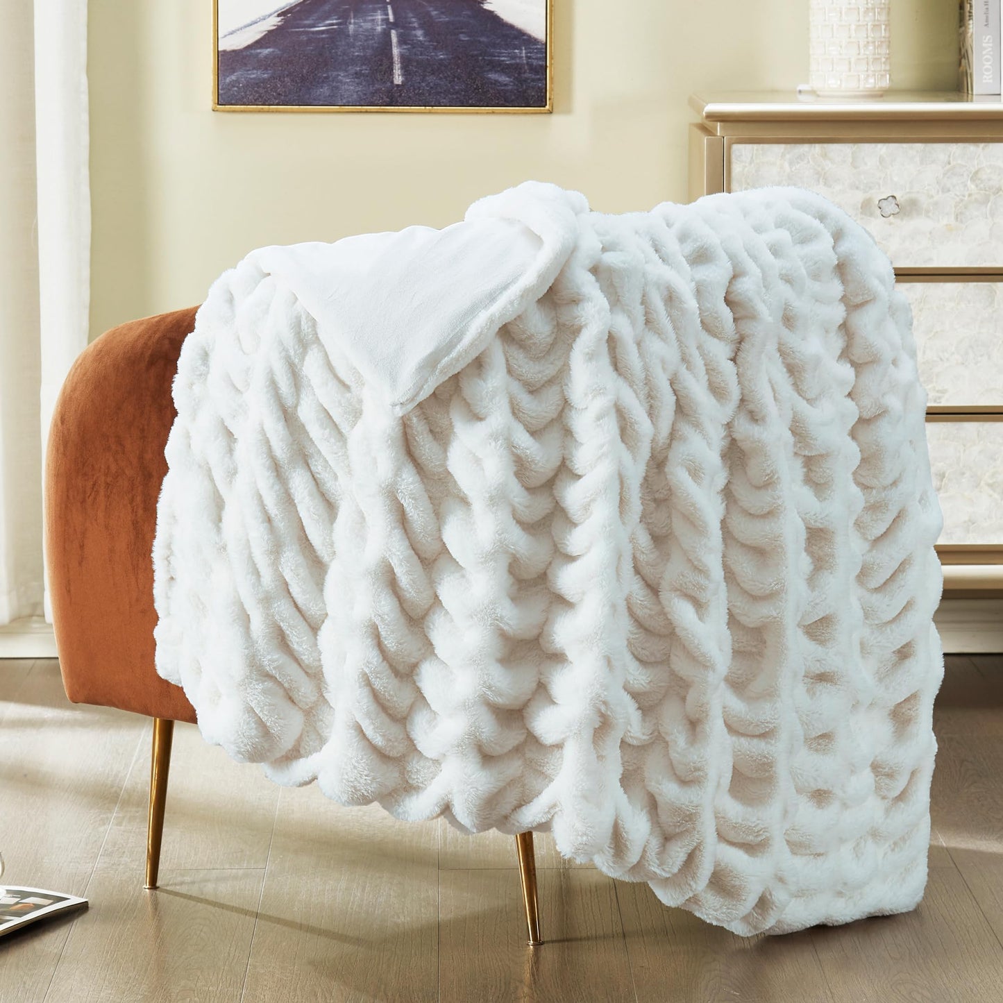 JONIYEAR Solid Soft Fuzzy Ruched Faux Rabbit Fur Throw Blanket 50" x 60", Decorative Shaggy Fluffy Raffle Blanket for Couch Sofa, Cute Cozy Accent Puffy Furry Blankets, Warm Blankets for Winter, White