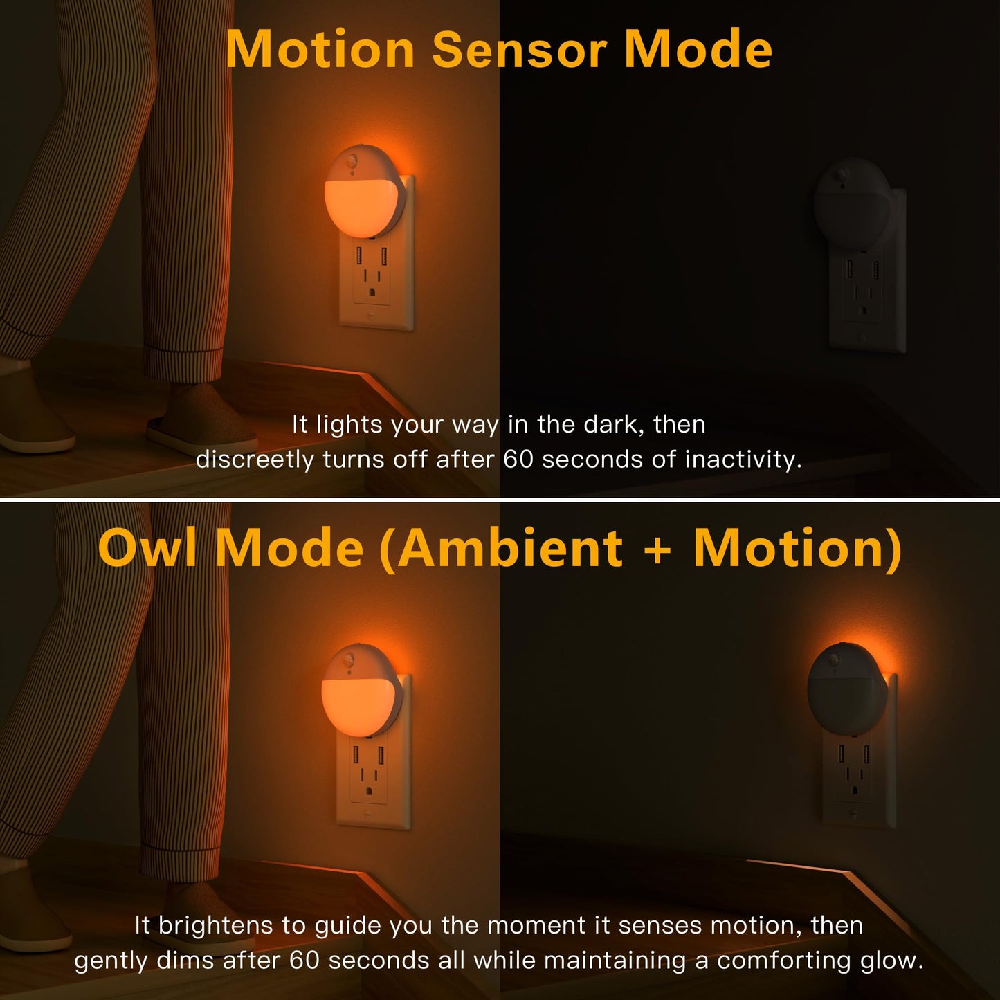 YUNLEX 2 Pack Plug in Sleep Night Light with Motion Sensor and Dusk to Dawn Sensor, 3 Modes, Soft Glow, Stepless Dimming, LED Lights for Bedroom, Sleep, Baby Nursery, Kids, Toddler, Home Decor (Amber)