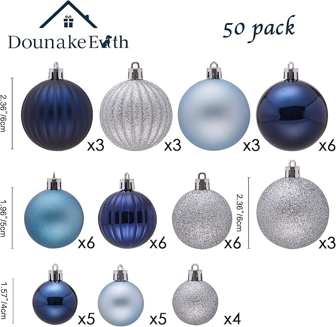 50ct Christmas Balls Ornaments for Xmas Tree, Navy Blue Silver Shatterproof Christmas Tree Decorations Hanging Ball for Holiday Party Decor(1.57"-2.36")